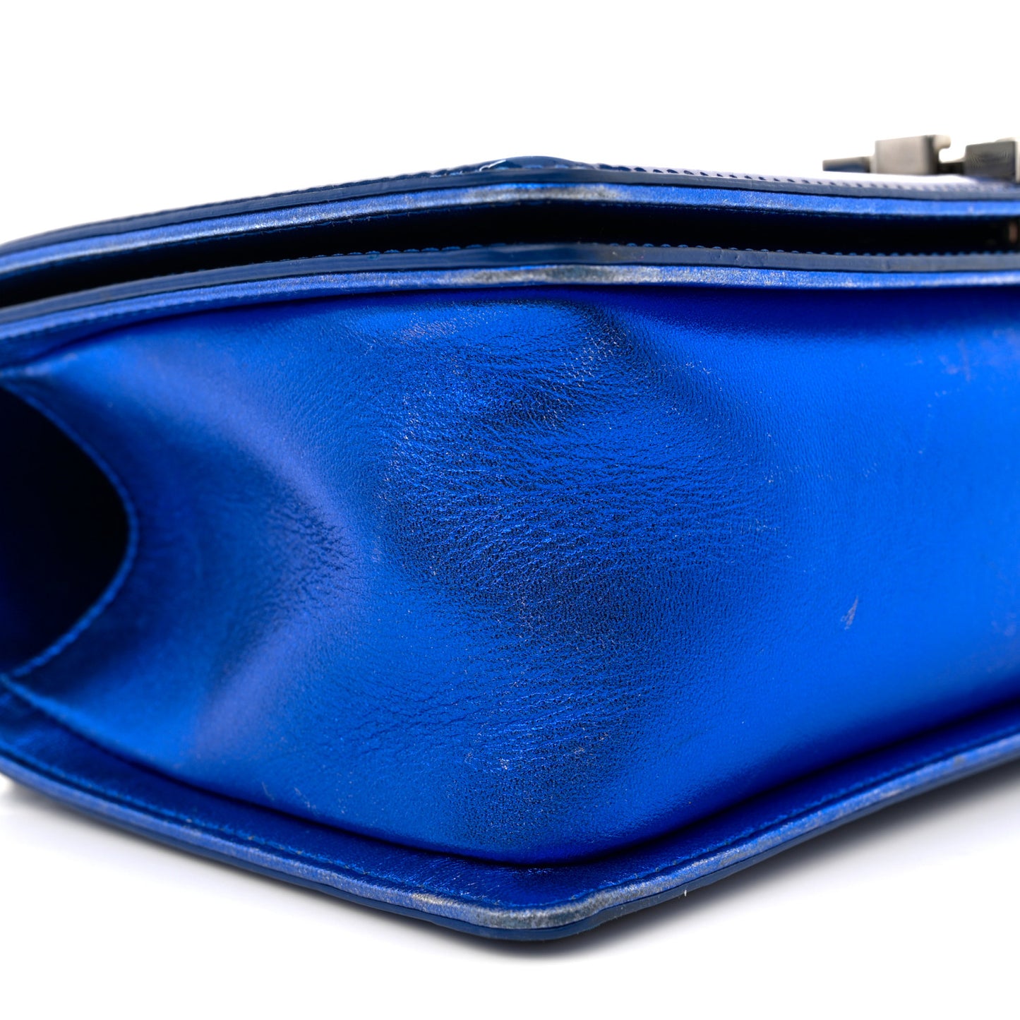 Metallic Patent Quilted Medium Boy Flap Blue