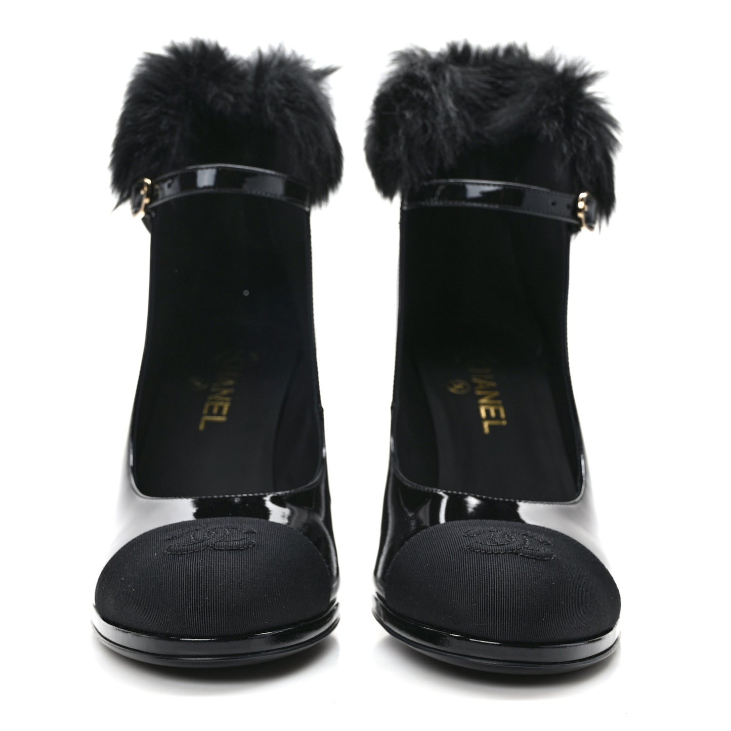 Patent Shearling Lambskin Cap Toe Mary Jane Pumps 41 Black