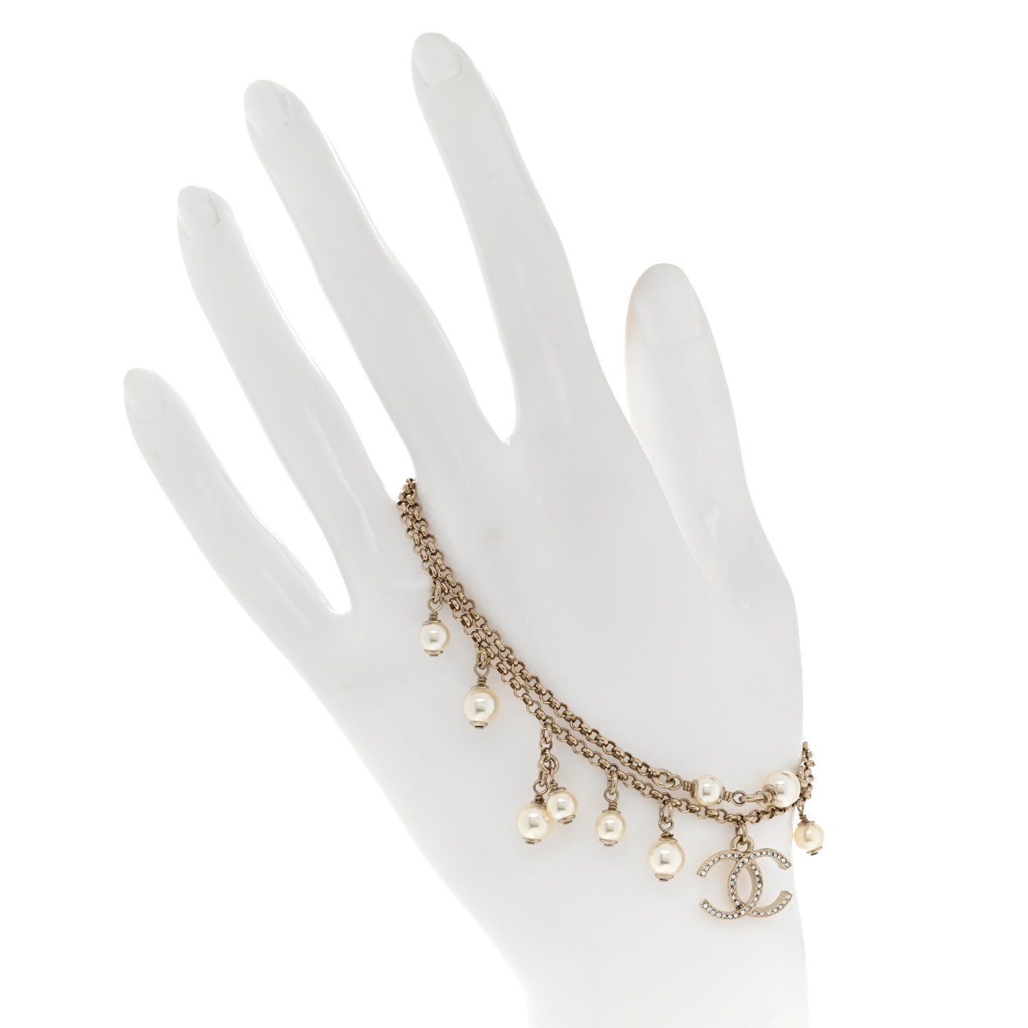 Chanel Pearl Crystal CC Dangle Bracelet Gold 2 of 5