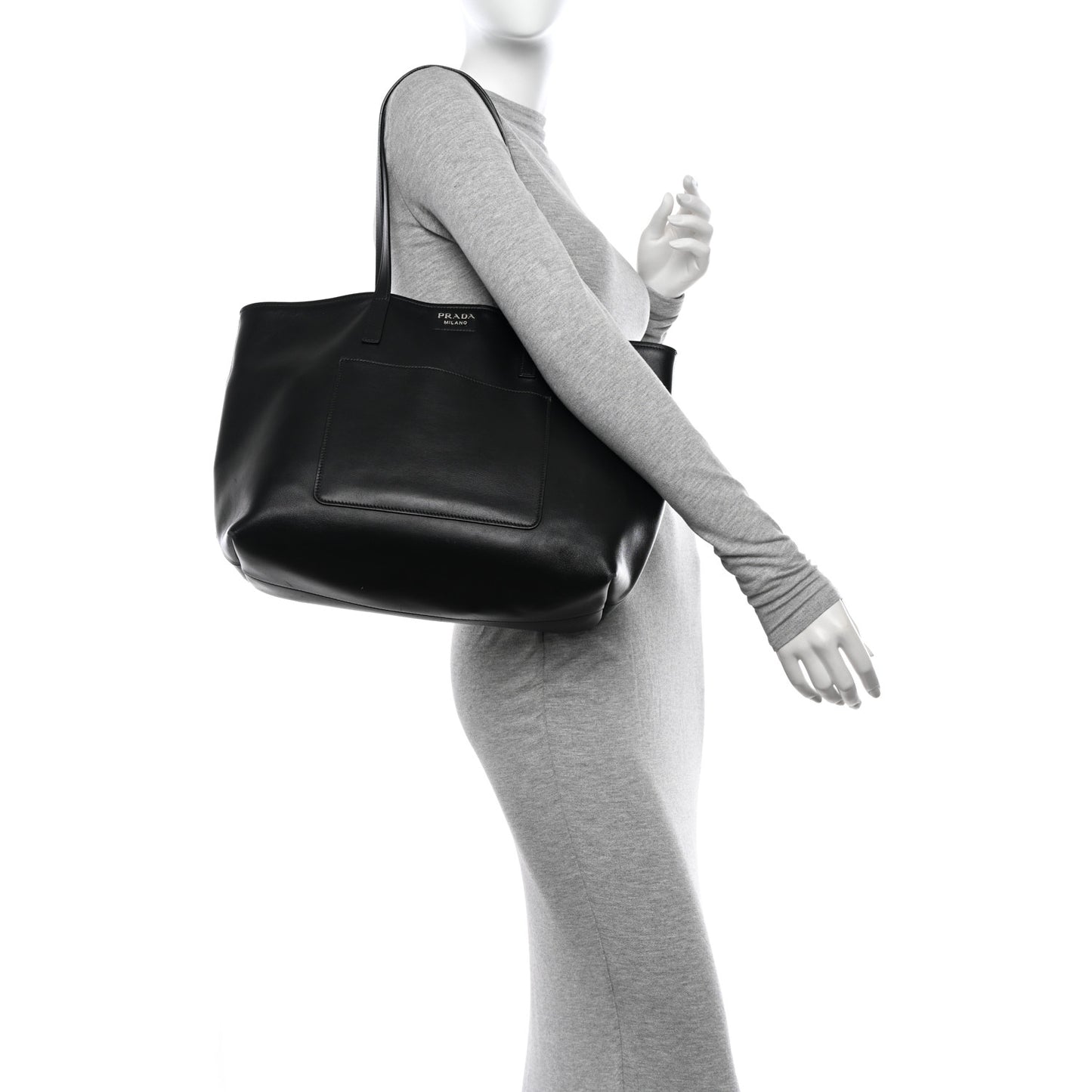 City Calf Front Pocket Large Shopping Tote Black