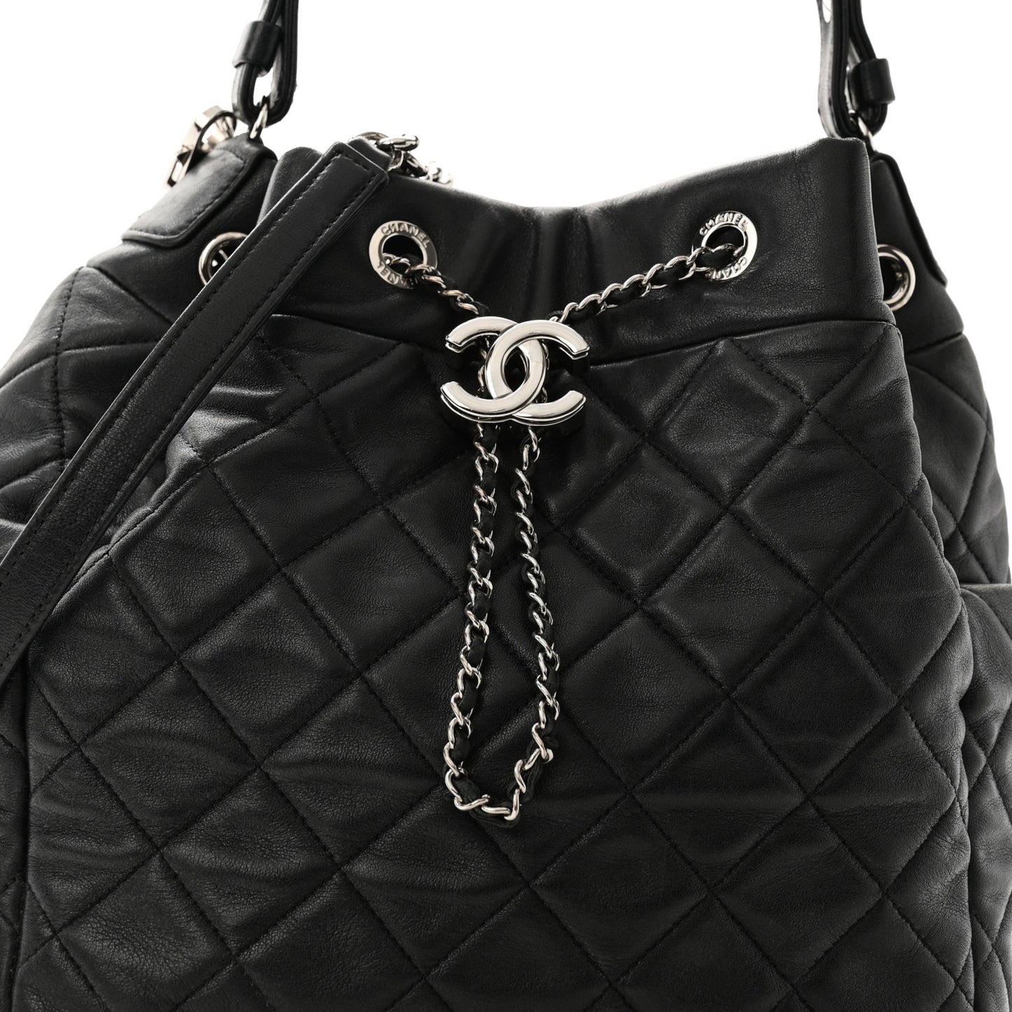 Lambskin Quilted CC Chain Bucket Drawstring Bag Black
