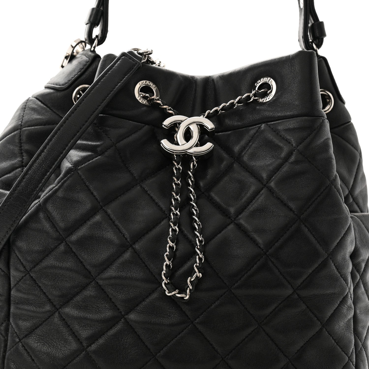 Chanel Lambskin Quilted CC Chain Bucket Drawstring Bag Black 8 of 11