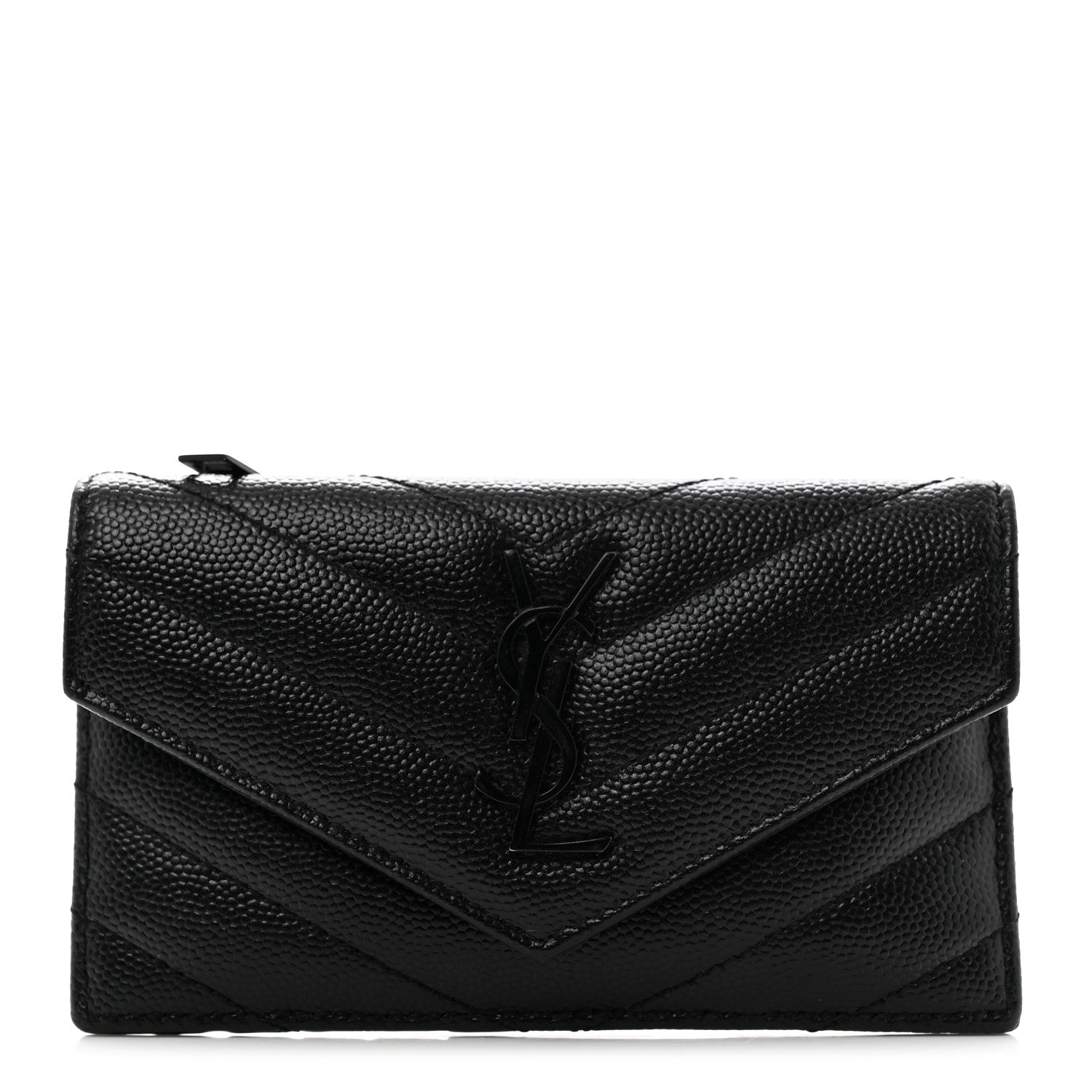 Saint Laurent Grain De Poudre Matelasse Chevron Monogram Monochrome Compact Wallet Black 1 of 8