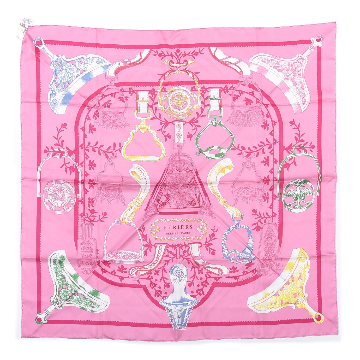 Hermes Silk Etriers Remix Scarf 90 Rose Jaune Vert 617783