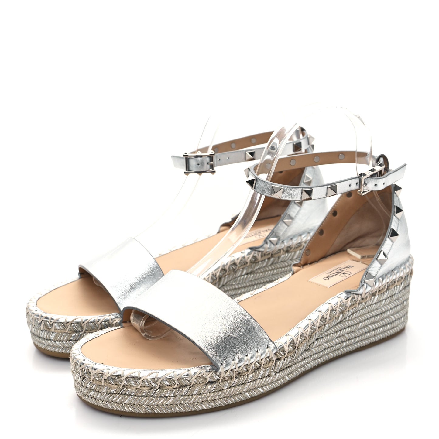 Metallic Grained Calfskin Rockstud Ankle Wrap Espadrille Flatform Sandals 40 Silver
