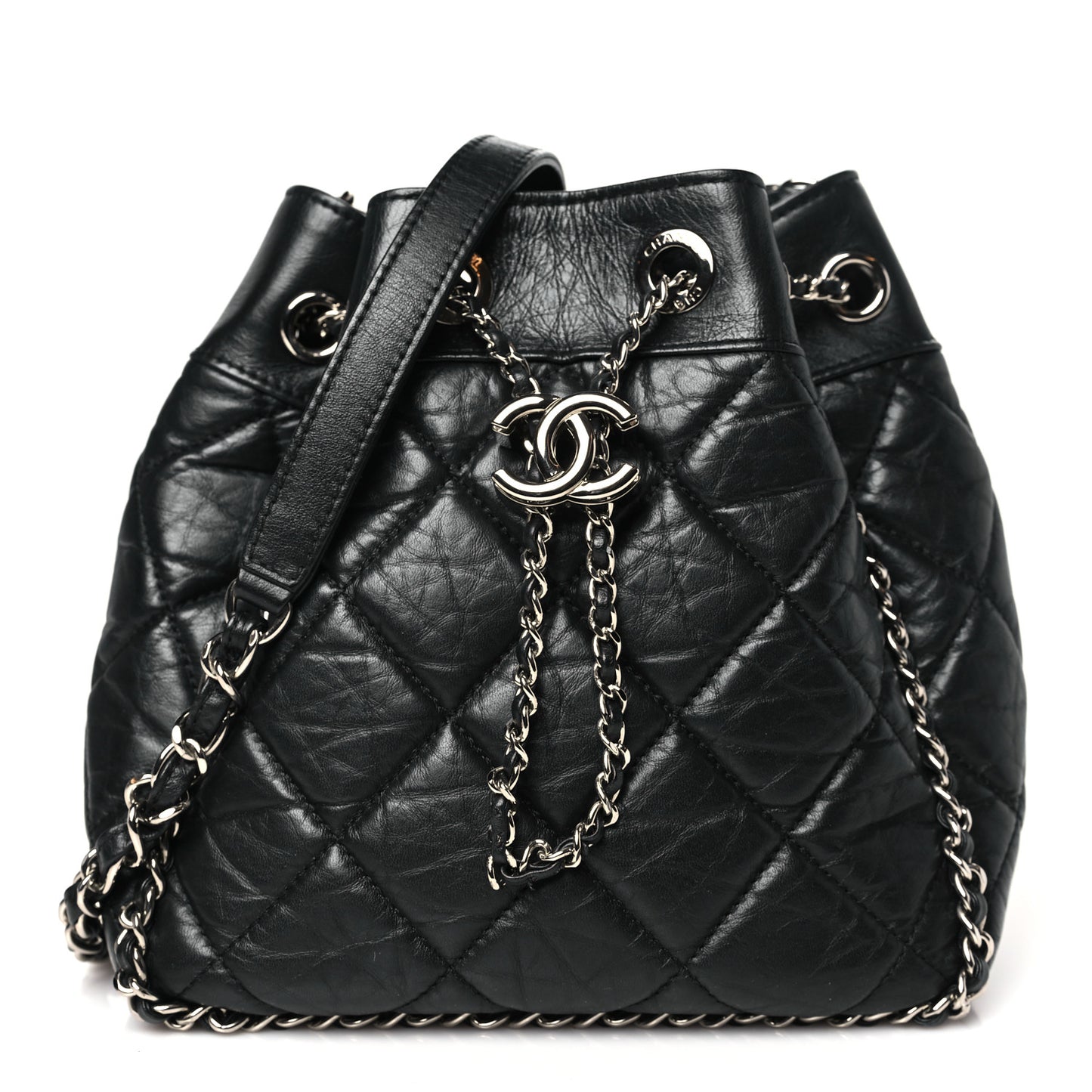 Crumpled Calfskin Quilted Chain All Over Drawstring Bucket Bag Black