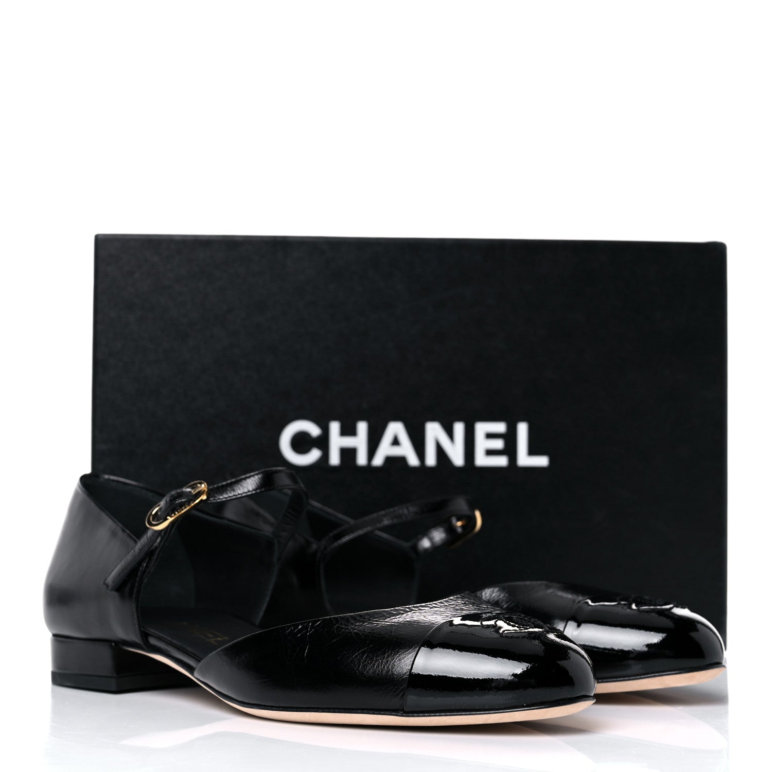 Chanel Glazed Calfskin Patent Cap Toe CC Mary Jane Flats 36.5 Black 10 of 10