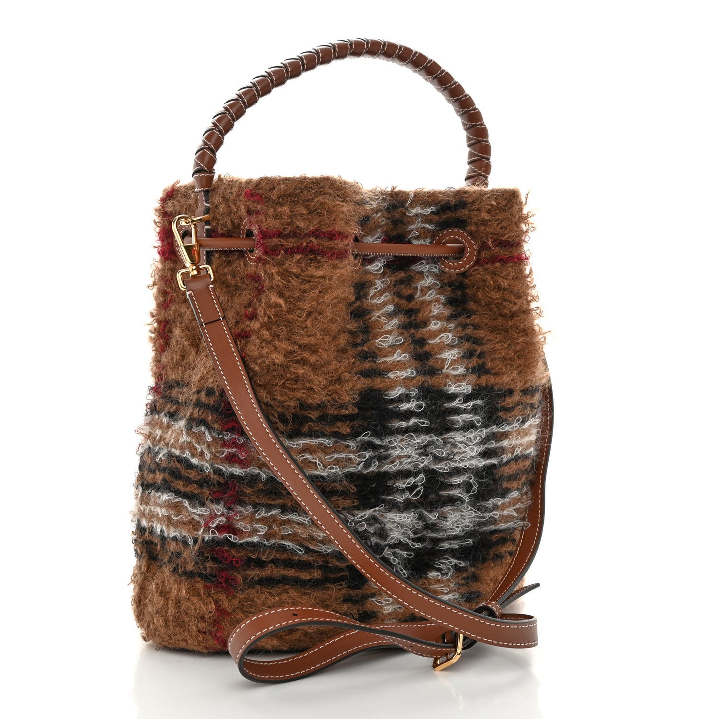 Mohair Check Calfskin TB Small Bucket Bag Brown