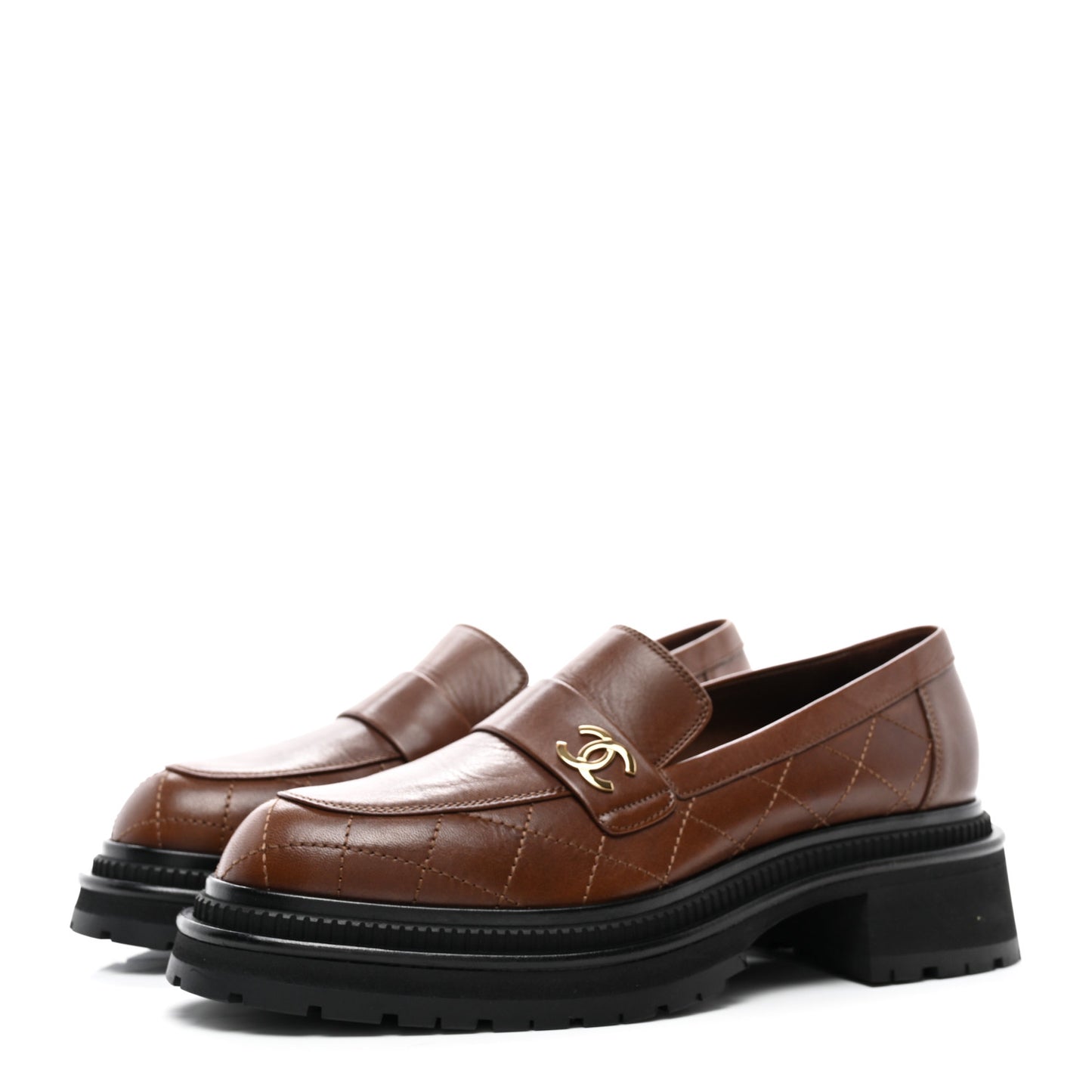 Calfskin Quilted CC Mocassin Loafers 42 Brown