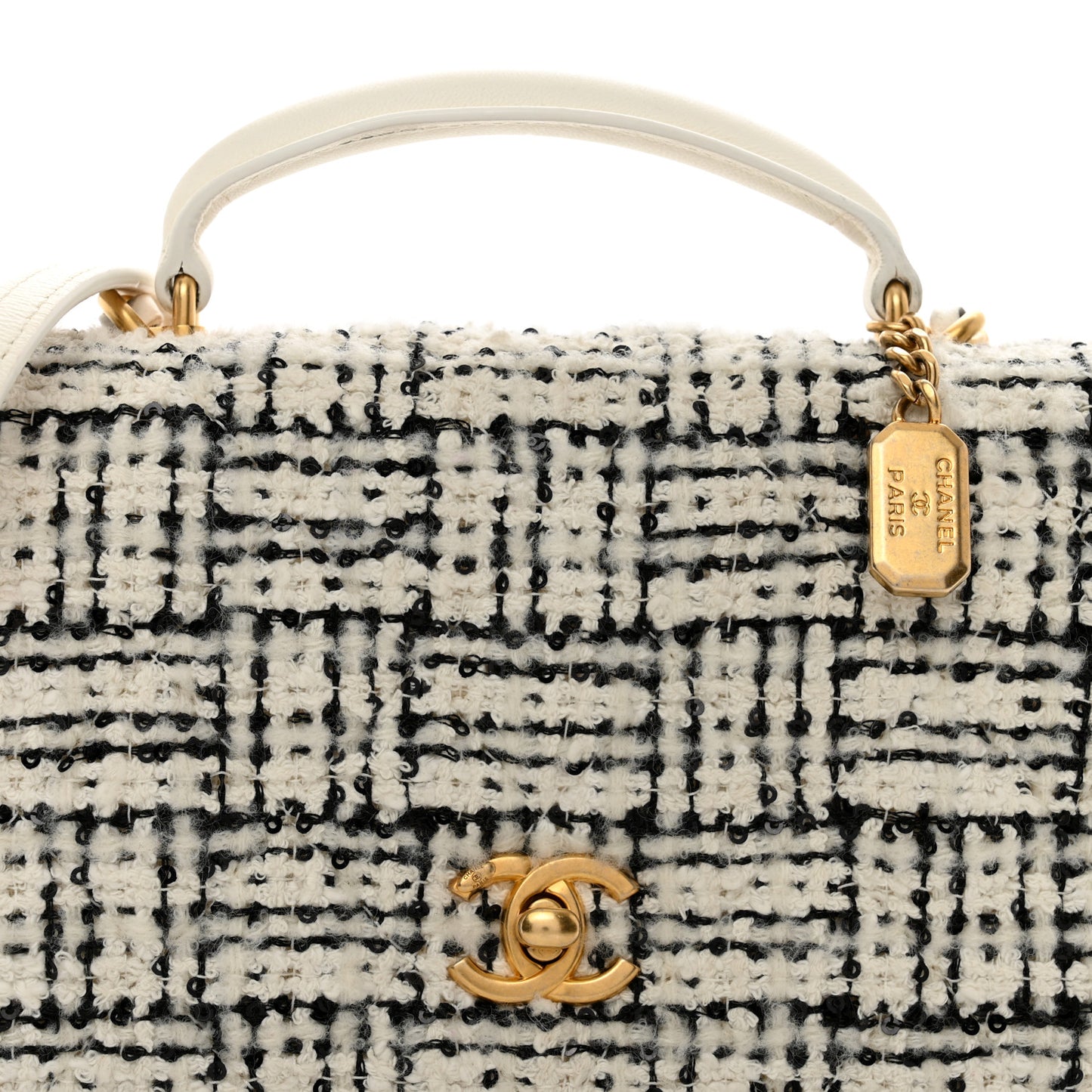 Tweed Lambskin Quilted Mini Top Handle Flap White Black