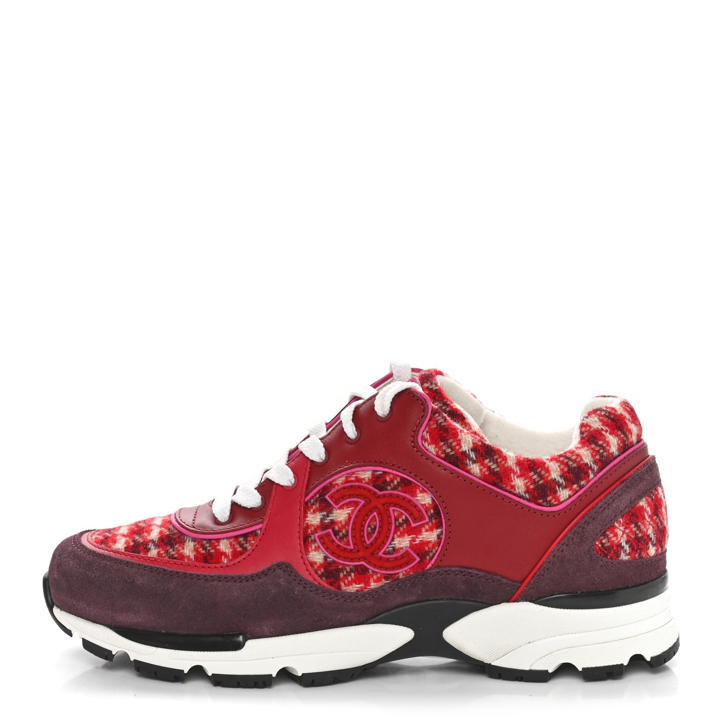 Wool Tweed Suede Calfskin Womens CC Sneakers 39 Red White Dark Brown Burgundy