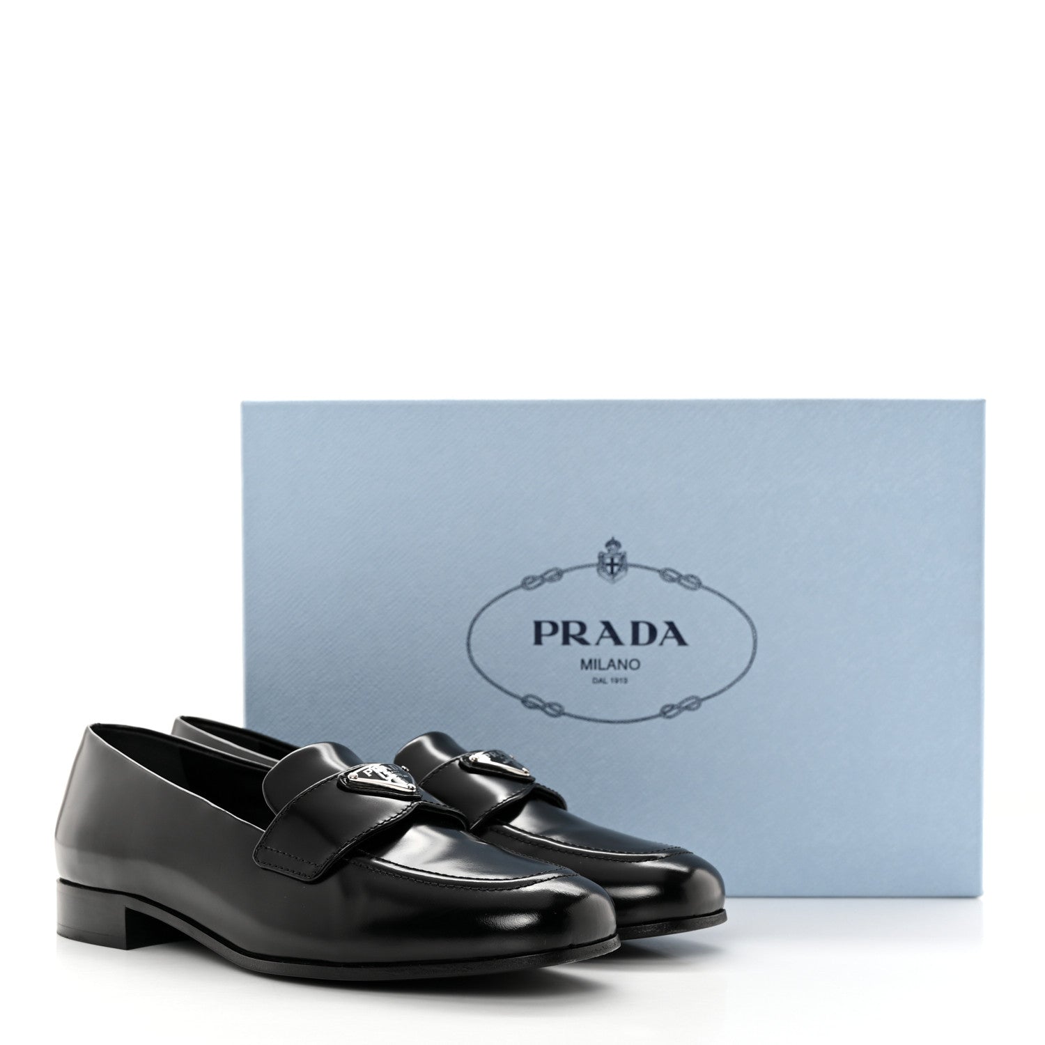 Prada Brushed Calfskin Metal Triangle Logo 20mm Loafers 36.5 Black 12 of 12