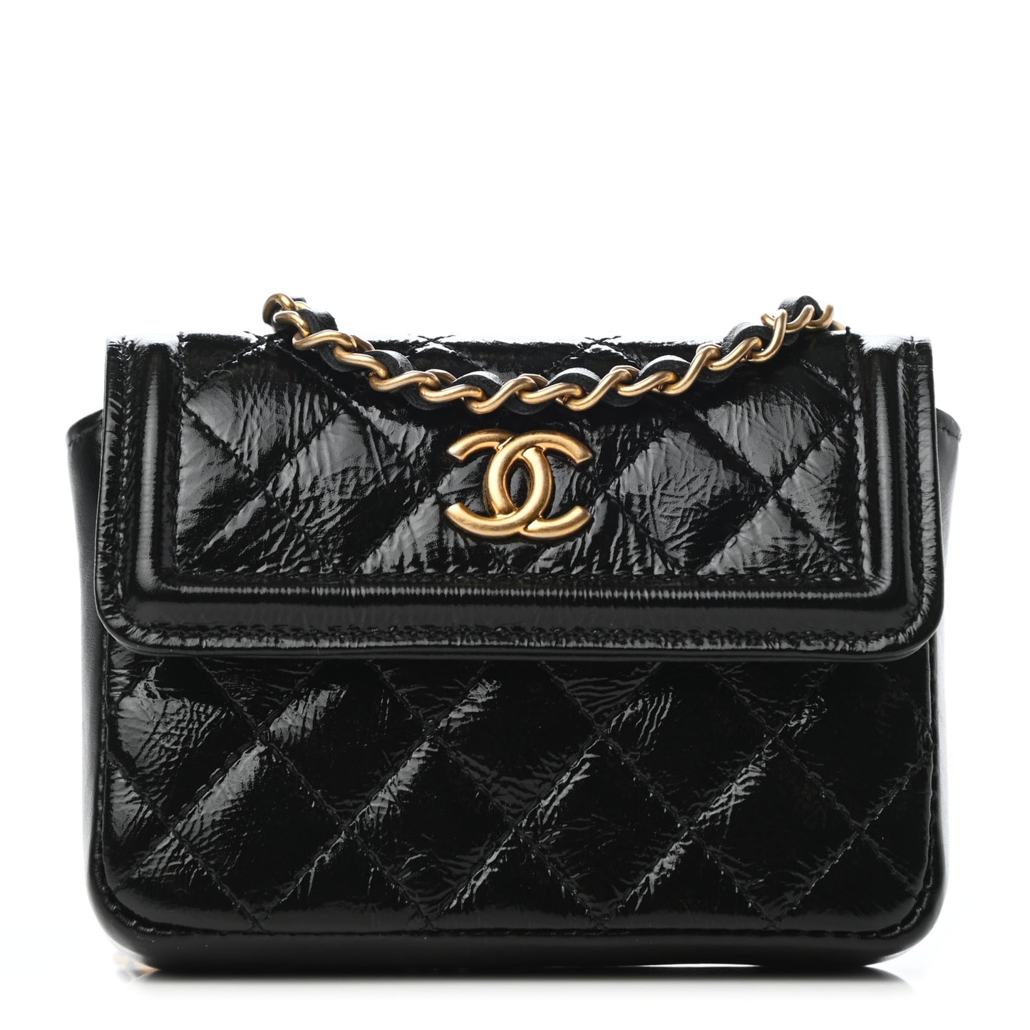Shiny Aged Calfskin Quilted Waist Belt Bag Black