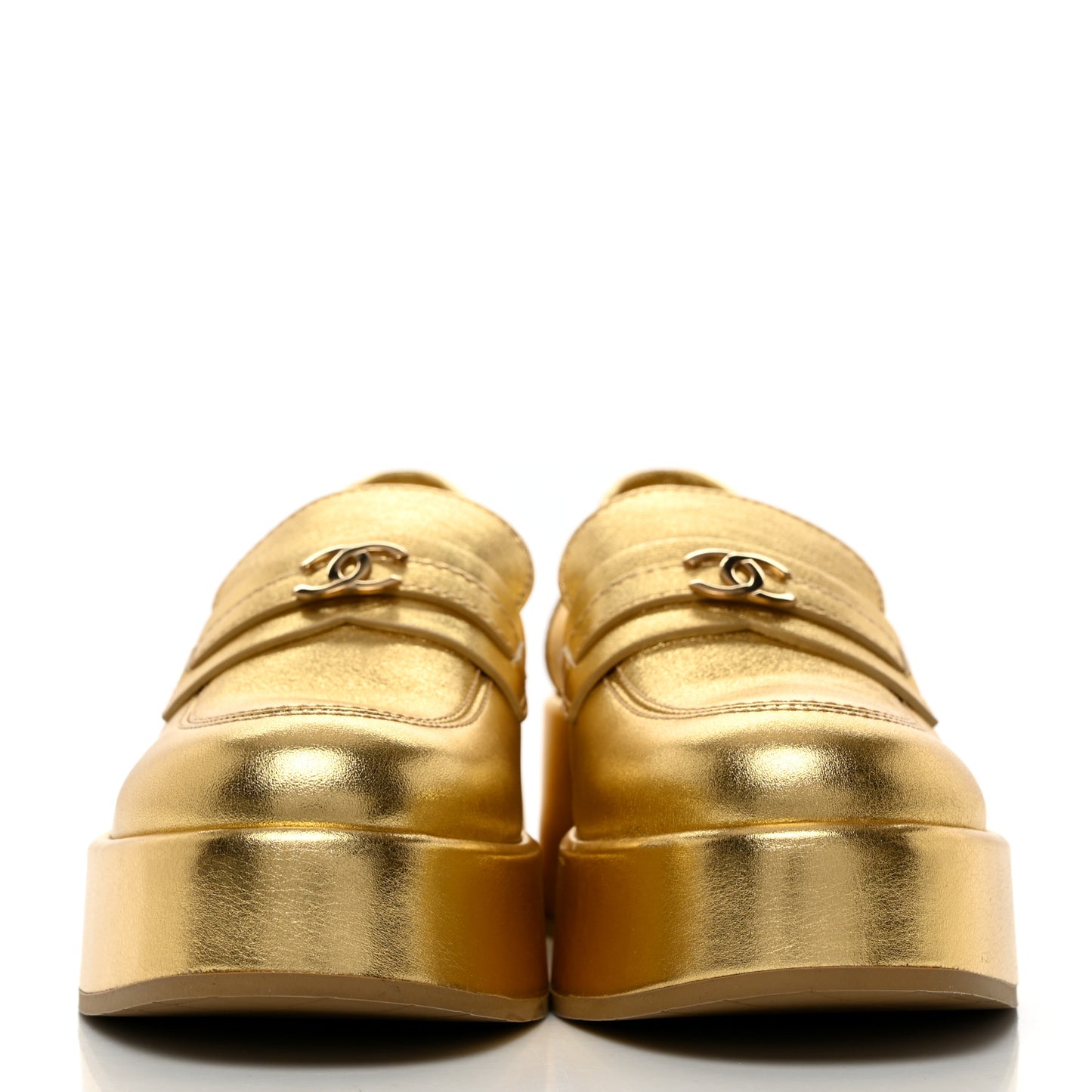 Laminated Calfskin CC Platform Loafers 38.5 Golden