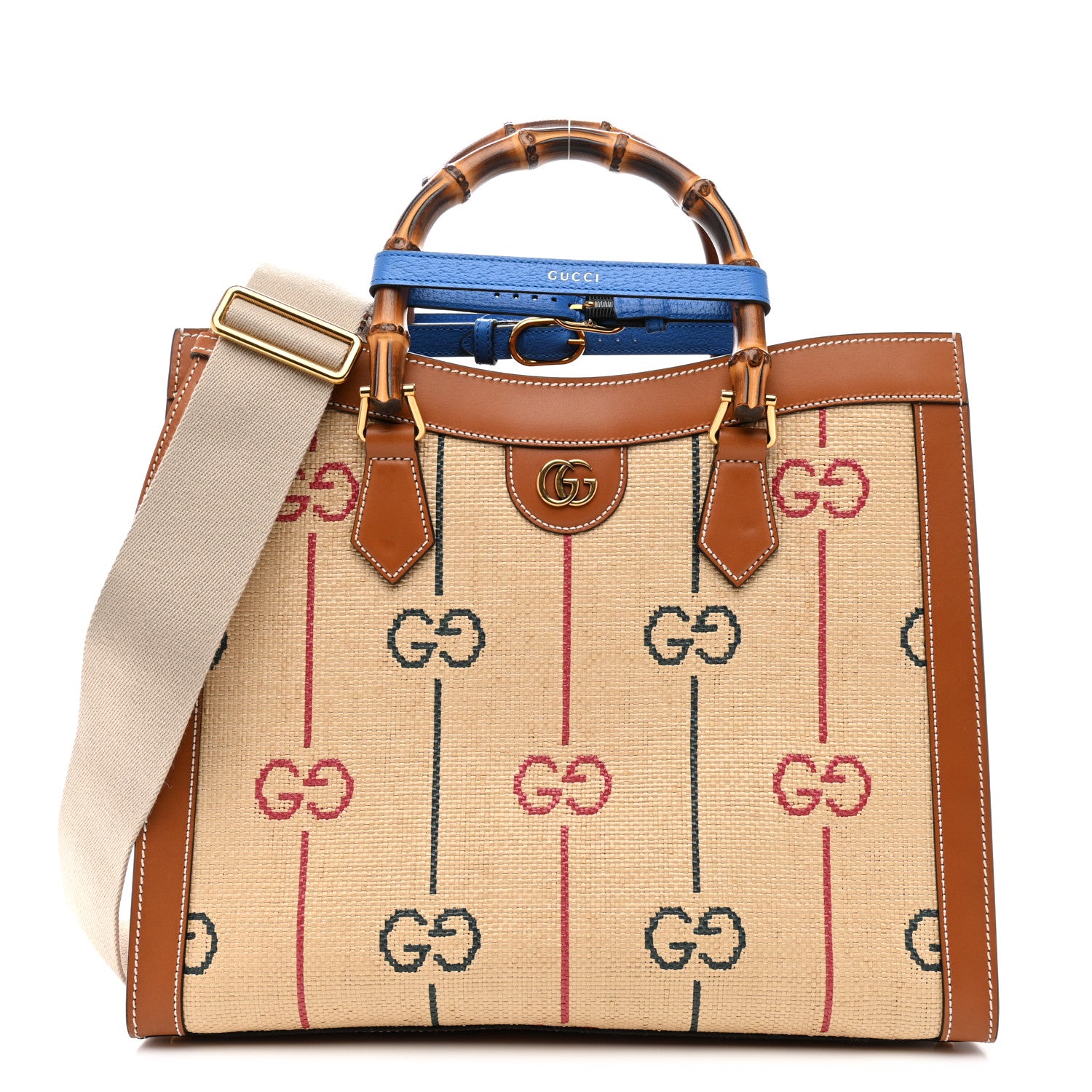 Gucci Raffia Monogram GG Jacquard Medium Diana Tote Bag Natural