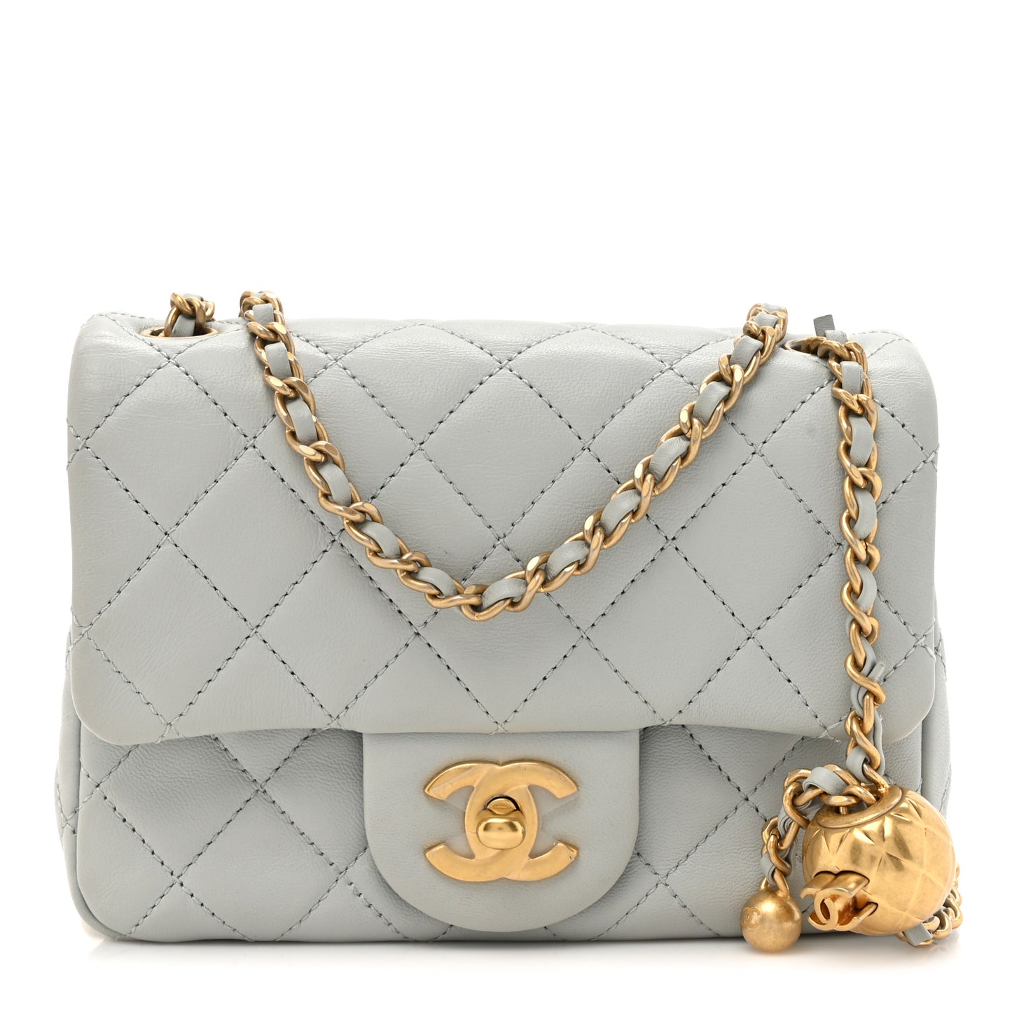 Lambskin Quilted Mini Pearl Crush Flap Light Grey