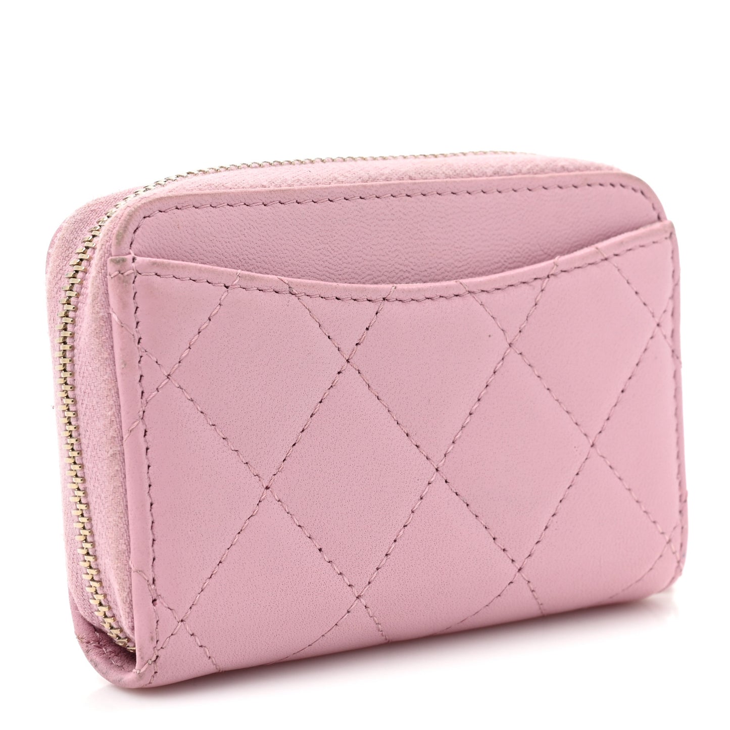 Iridescent Calfskin Quilted Zip Coin Purse Wallet Light Pink