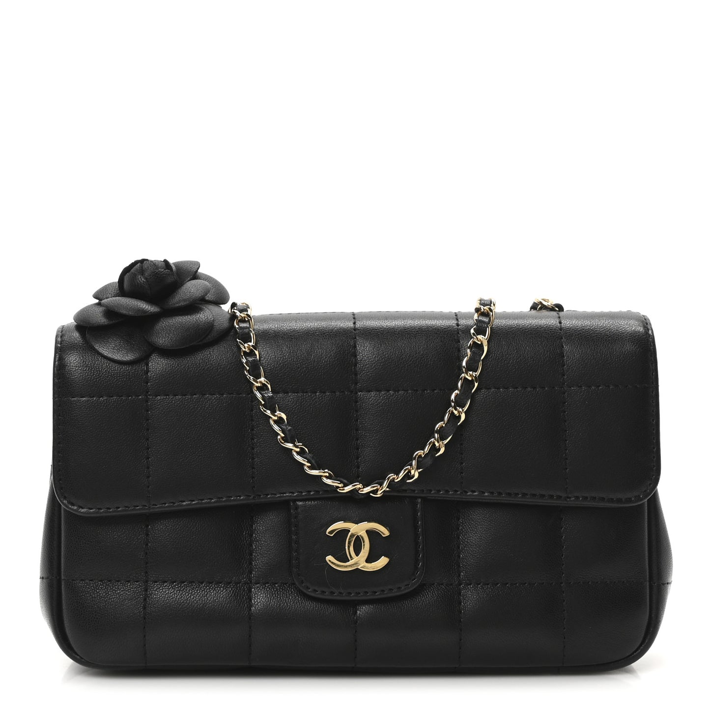 Lambskin Quilted Mini Chocolate Bar Camellia Flap Black