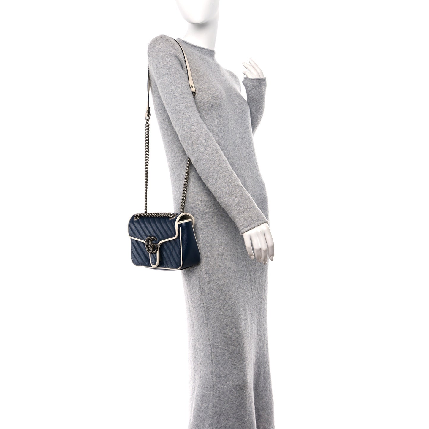 Vintage Effect Calfskin Matelasse Diagonal Small Torchon GG Marmont Shoulder Bag Blue Agata Mystic White