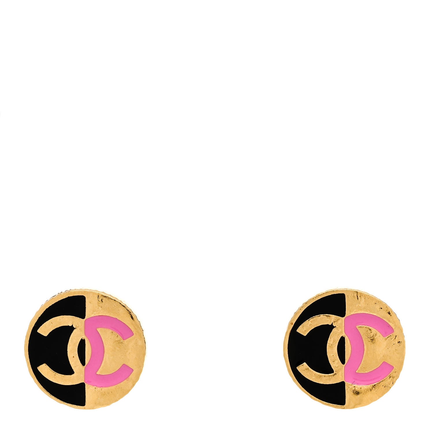 Chanel Metal Enamel CC Round Earrings Gold Pink Black 1 of 5