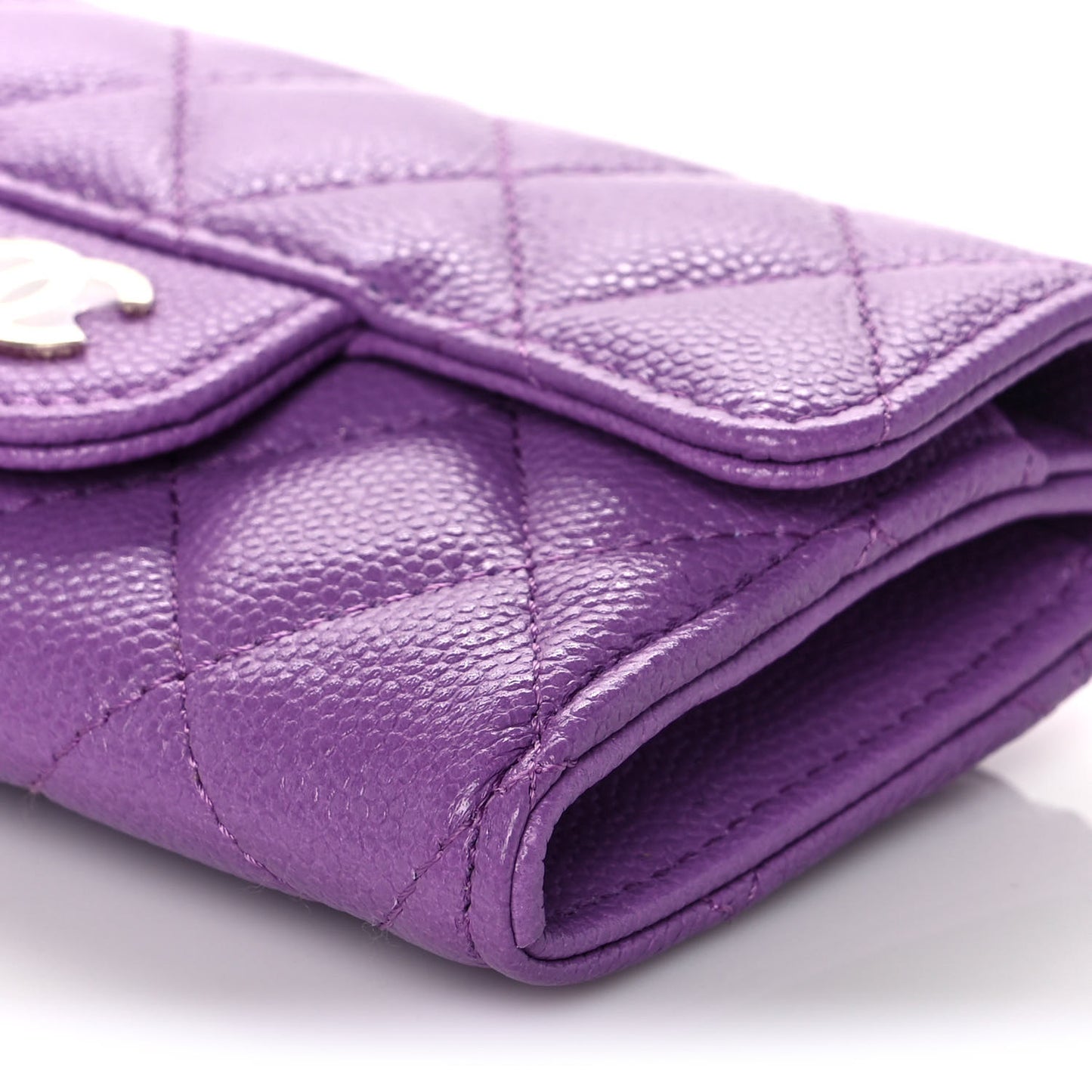 Caviar Quilted Flap Card Holder Wallet Purple