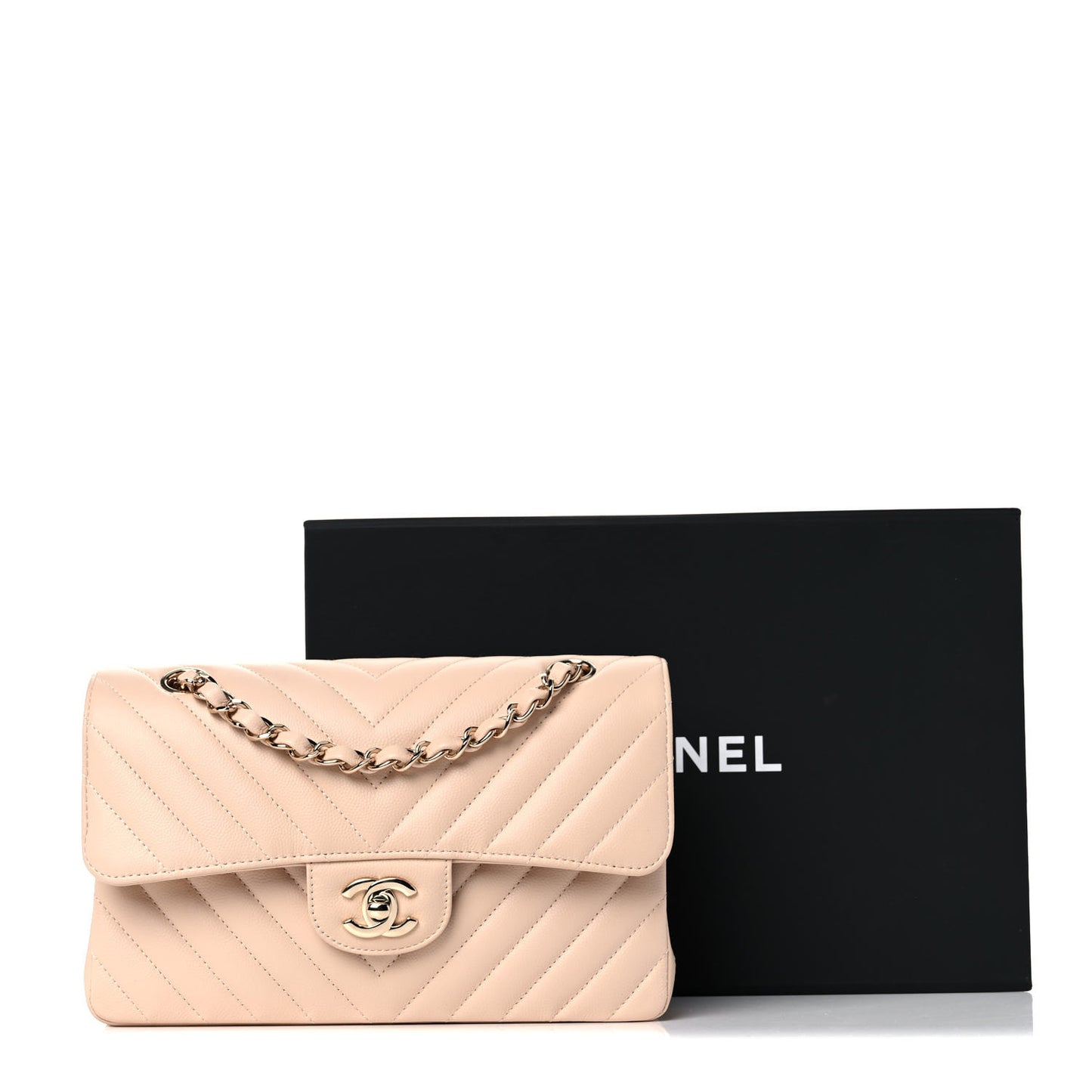 Caviar Chevron Quilted Small Double Flap Beige