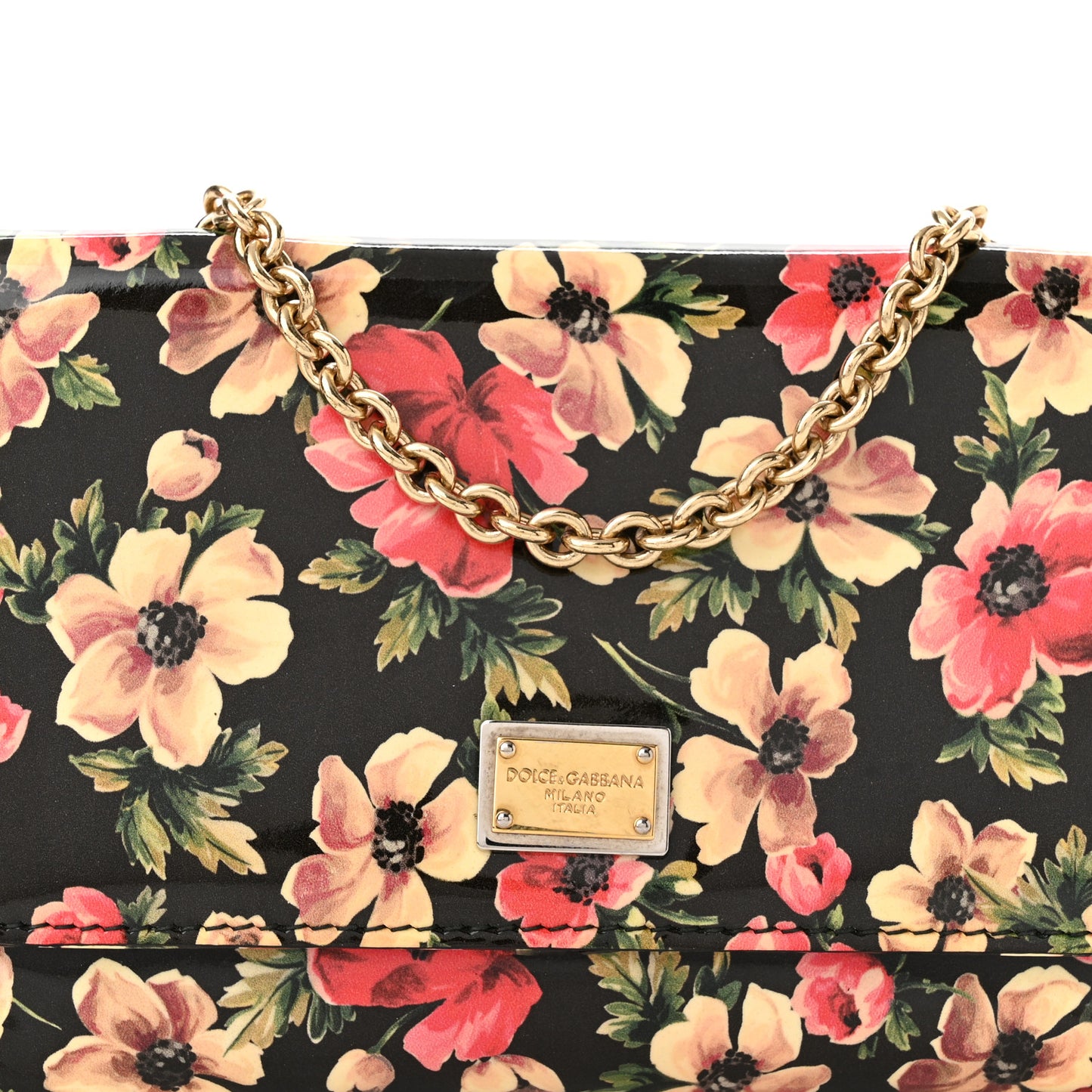 Patent Floral Print Wallet On Chain Black Multicolor