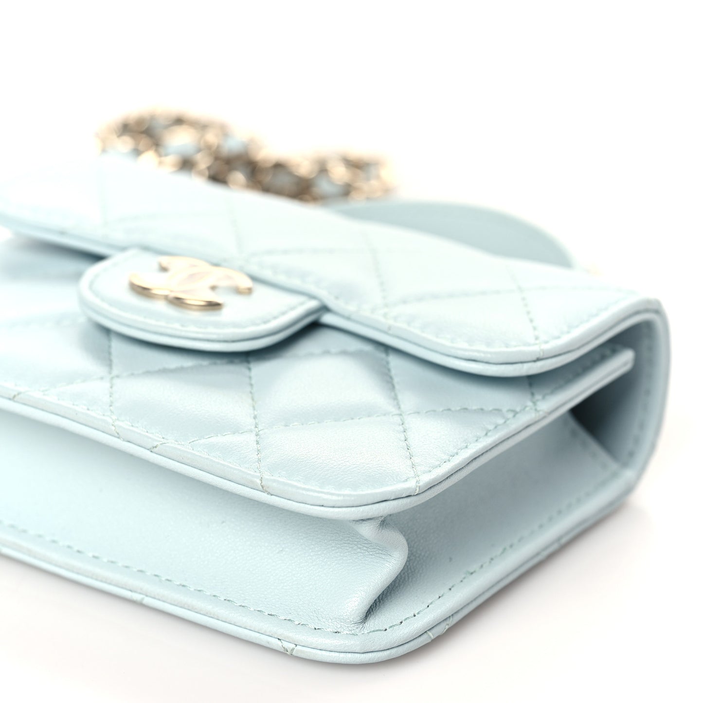 Lambskin Quilted Top Handle Flap Coin Purse With Chain Light Blue