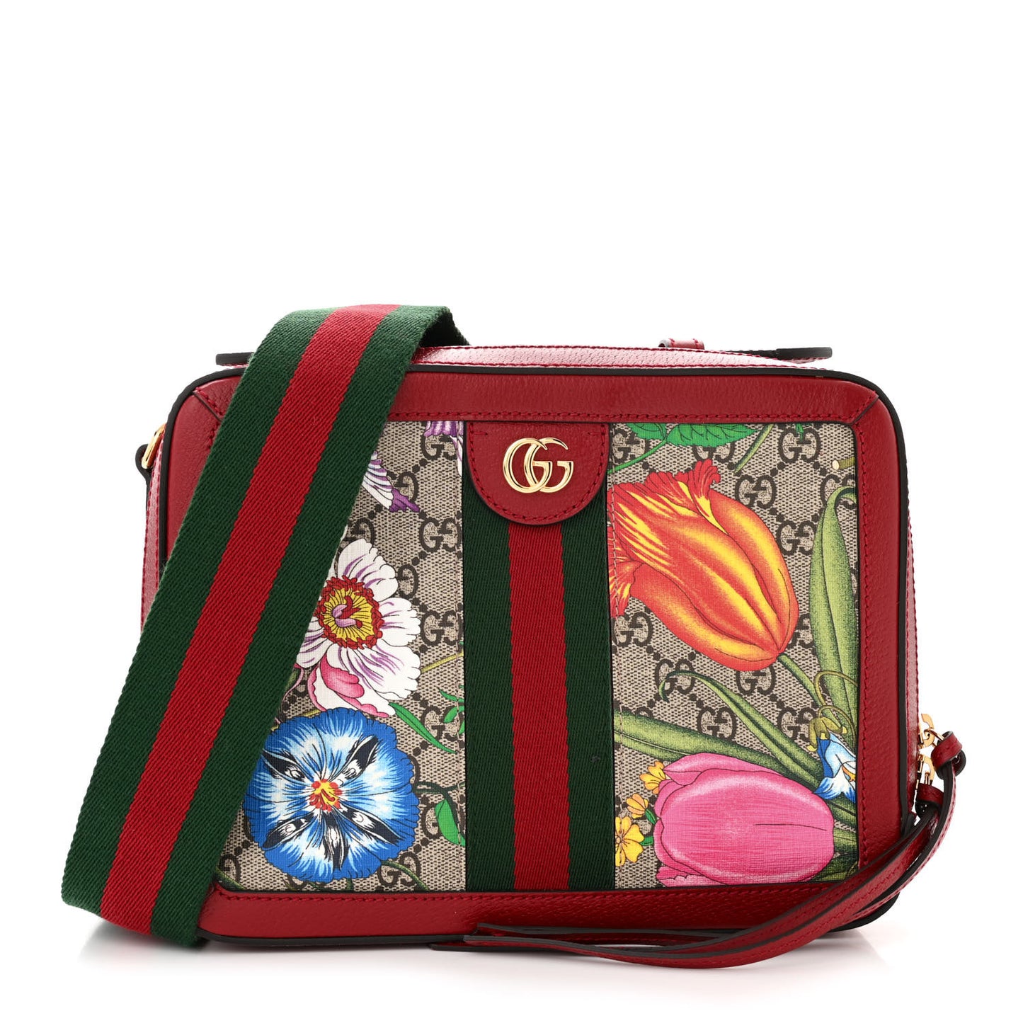 GG Supreme Monogram Flora Web Small Ophidia Top Handle Shoulder Bag Hibiscus Red