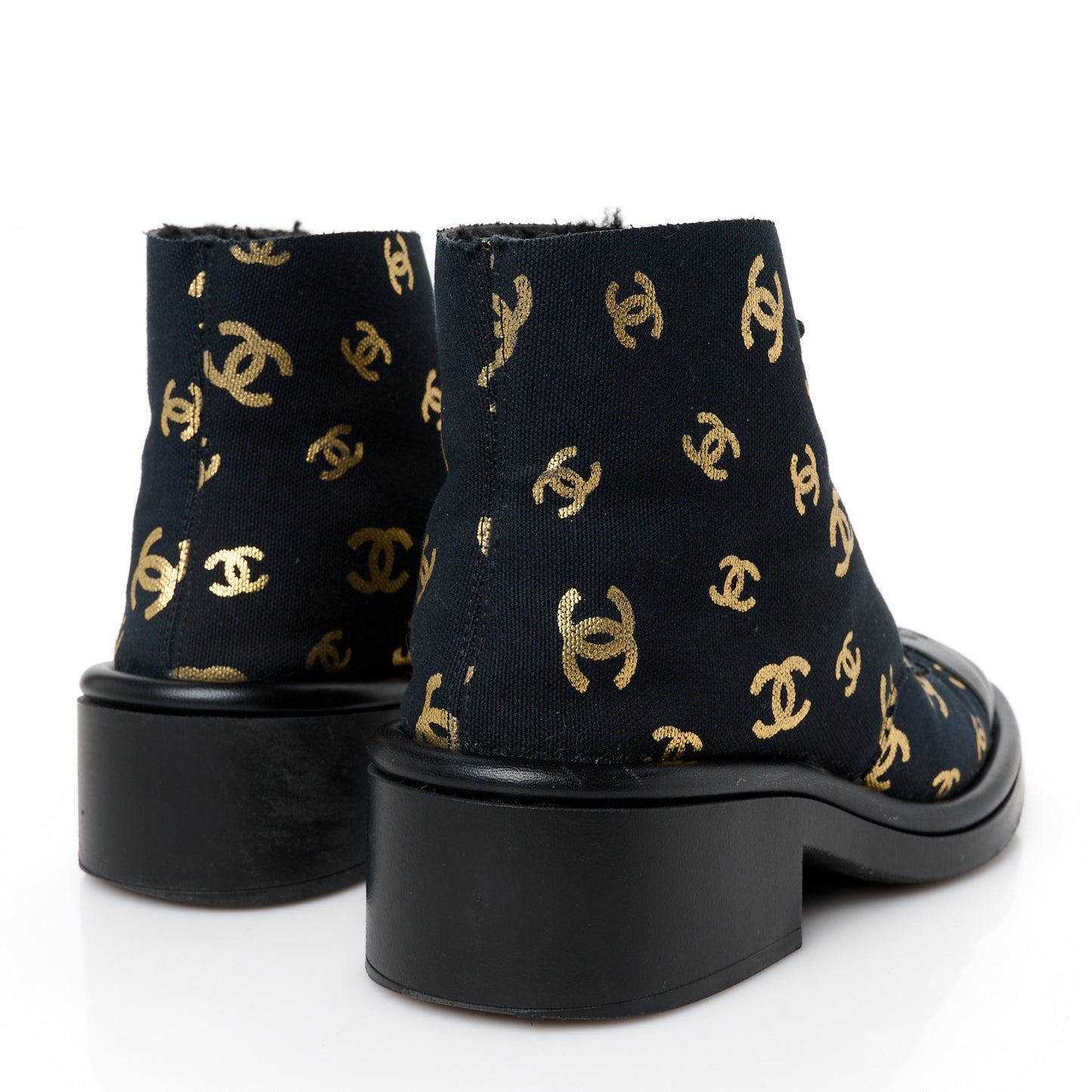 Lambskin Shearling Canvas CC Lace Up Boots 38.5 Black Gold