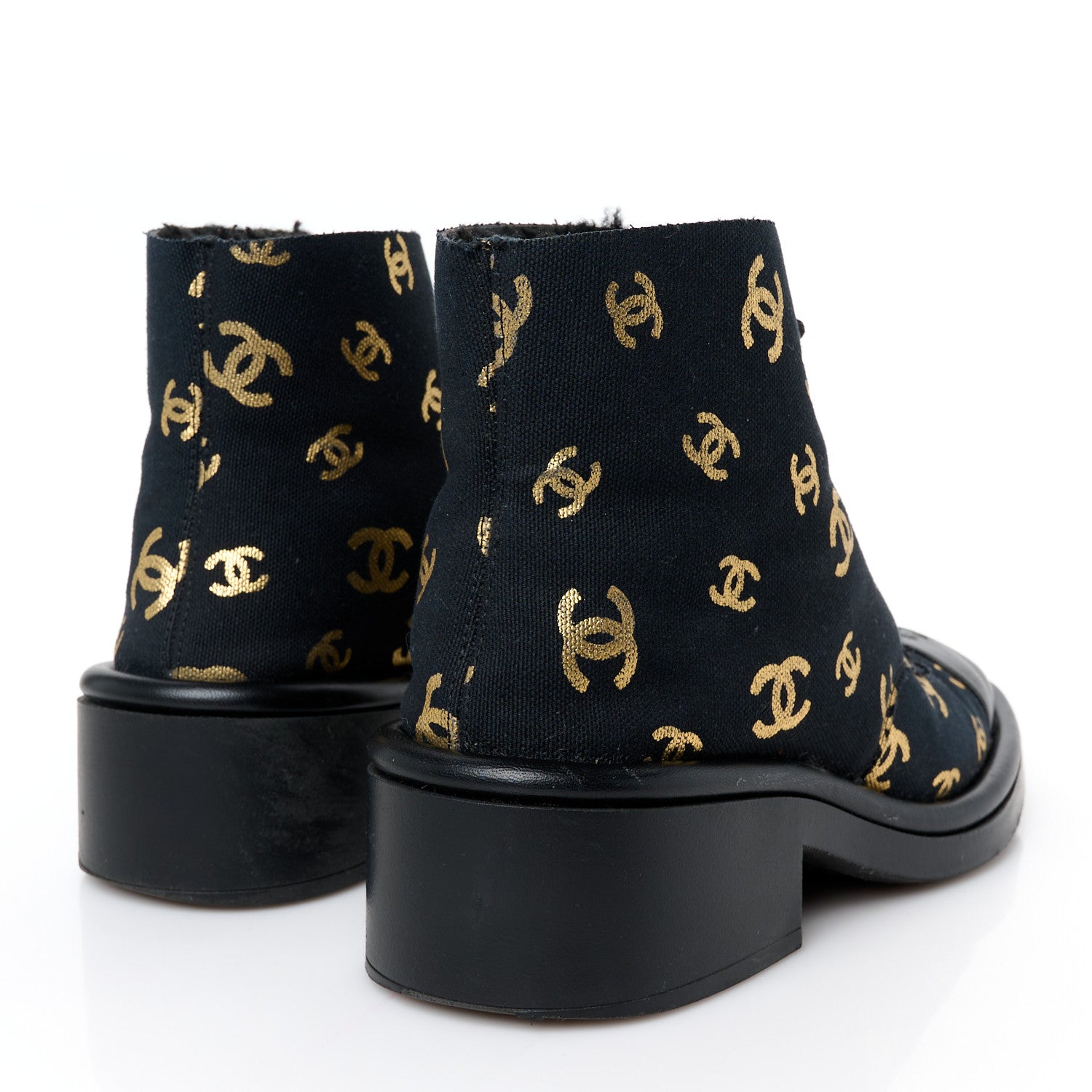 Chanel Lambskin Shearling Canvas CC Lace Up Boots 38.5 Black Gold 4 of 8