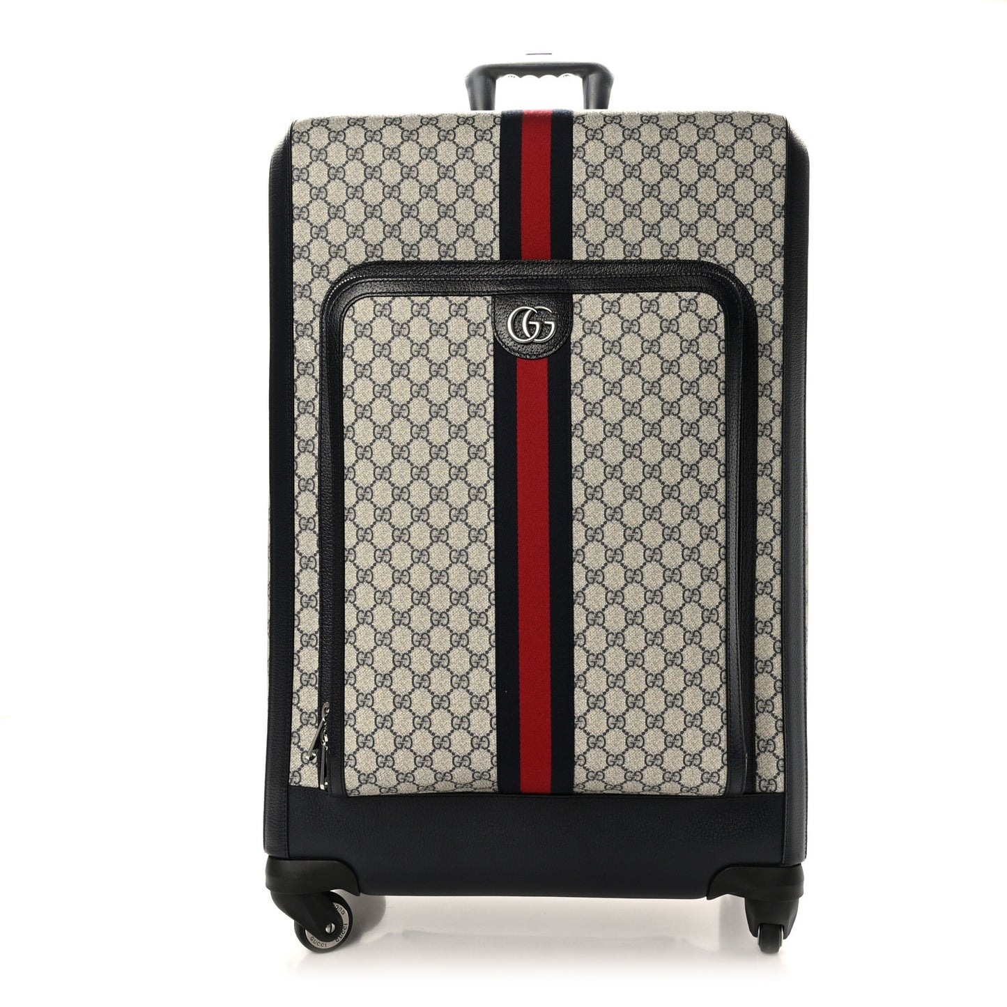 GG Supreme Monogram Textured Dollar Calfskin Web Large Savoy Trolley Suitcase Beige Blue