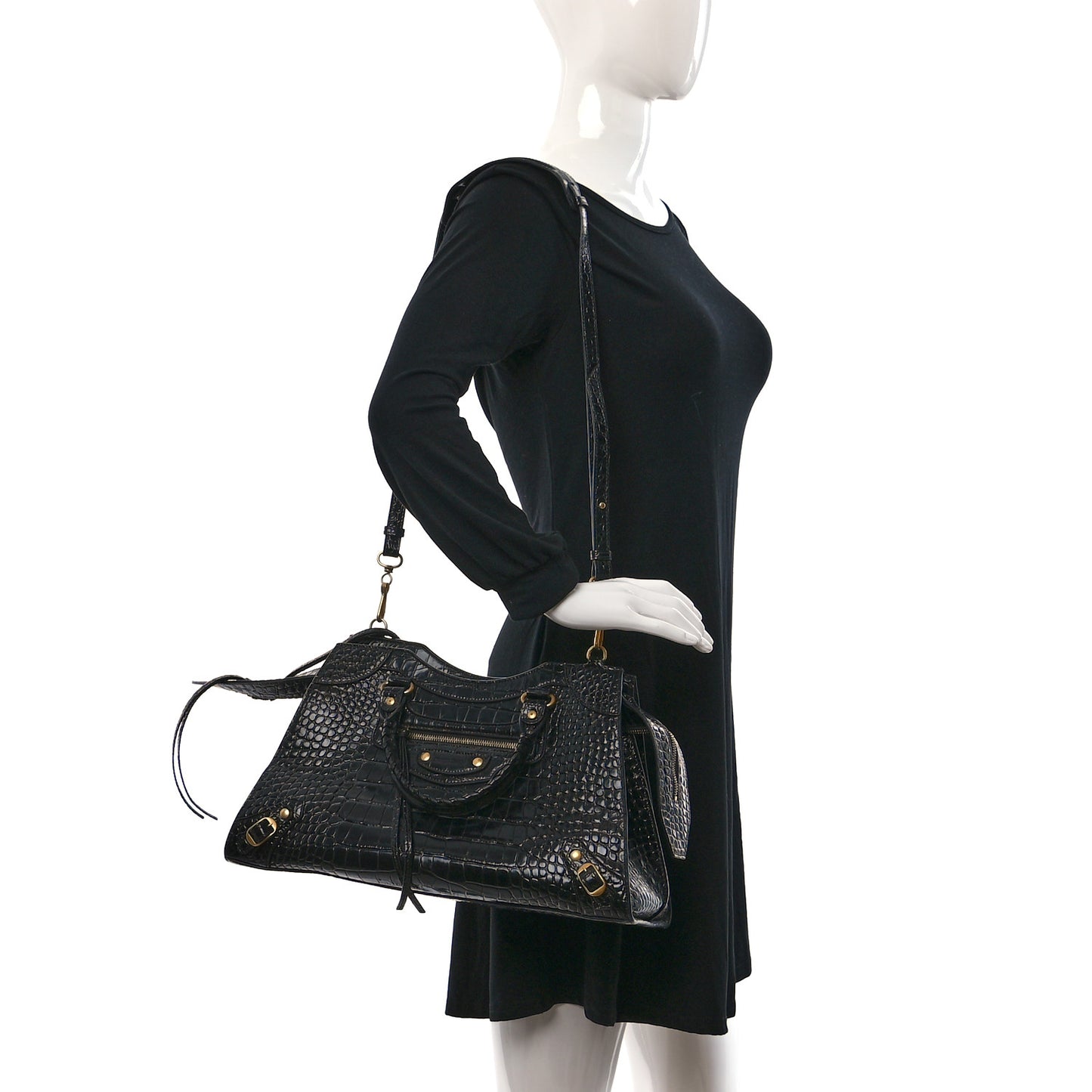 Shiny Supple Calfskin Crocodile Embossed Brass Hardware Neo Classic City Black