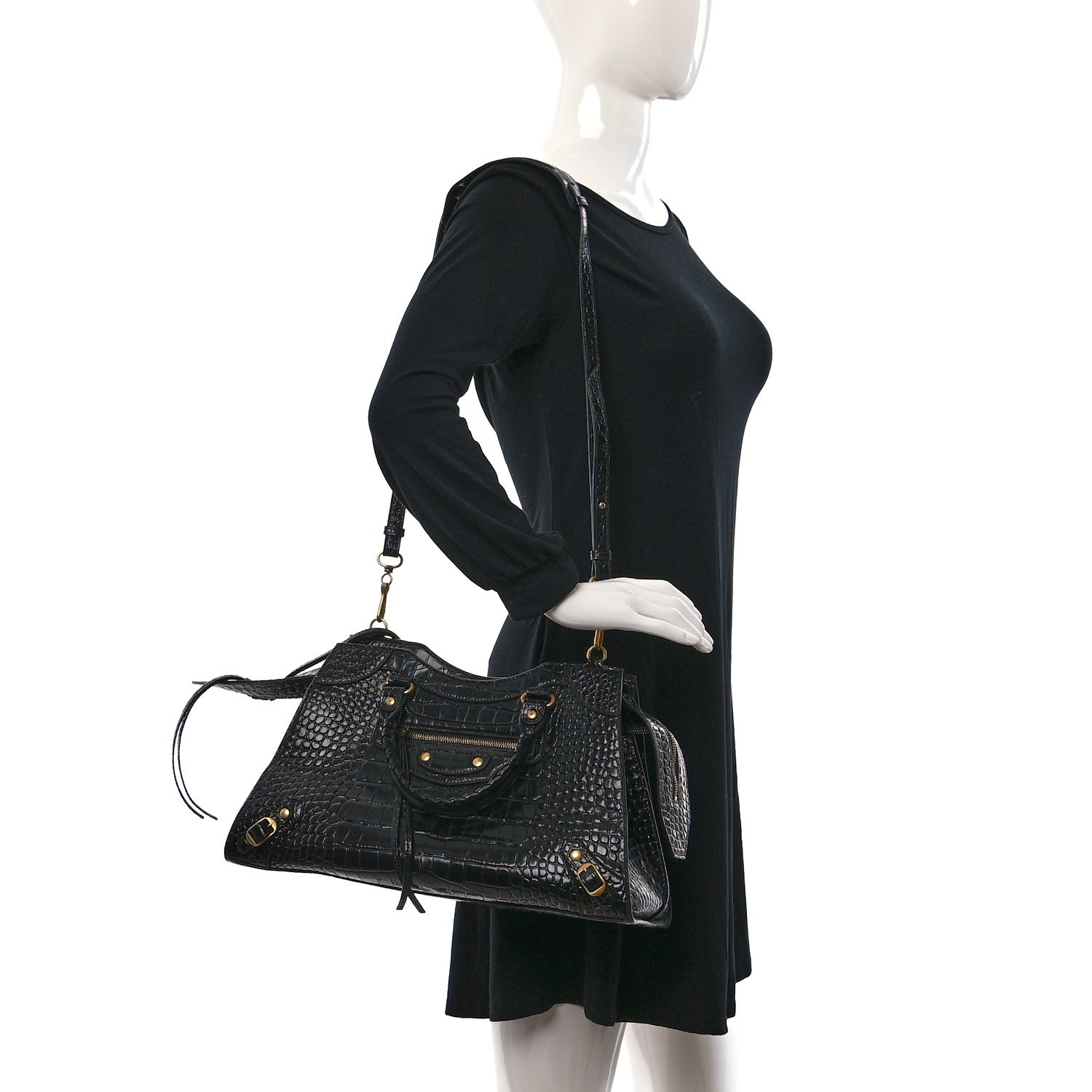 Balenciaga Shiny Supple Calfskin Crocodile Embossed Brass Hardware Neo Classic City Black 2 of 8