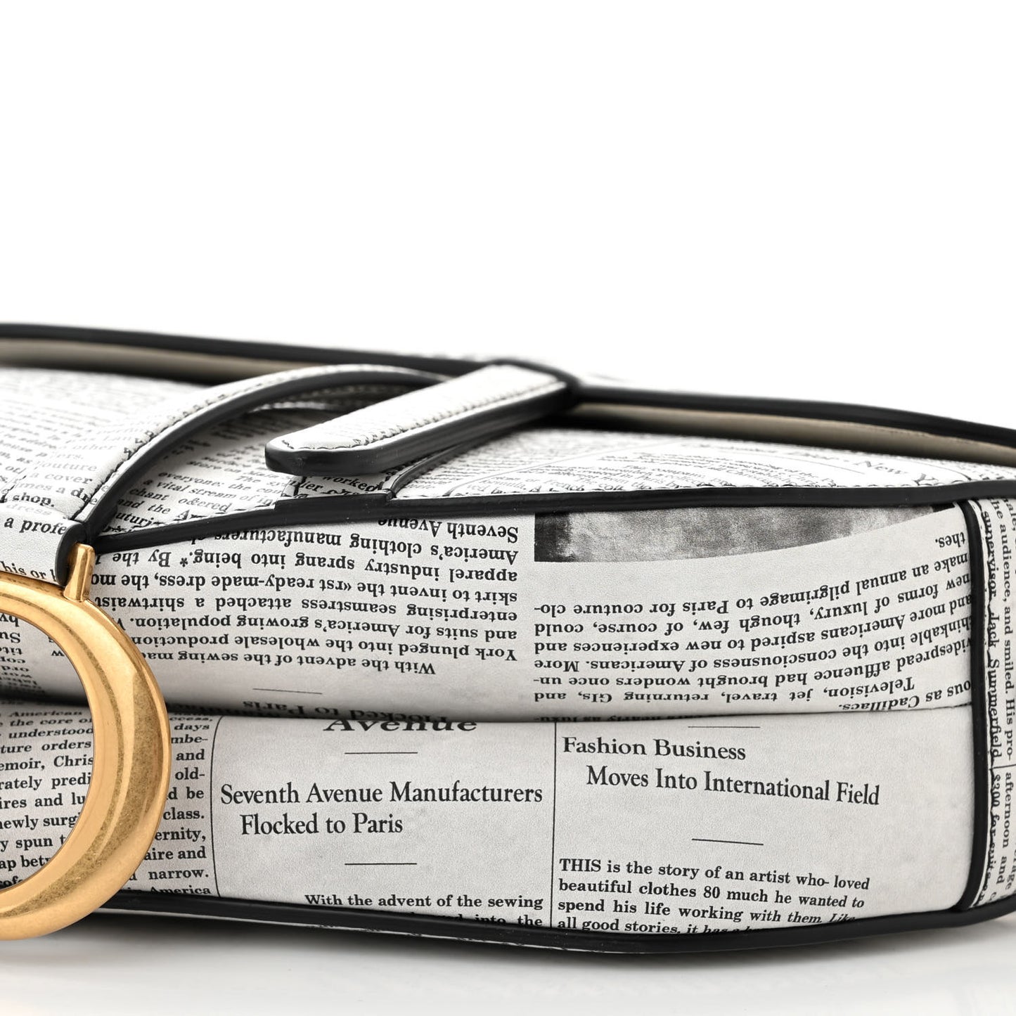 Calfskin Newspaper Printed Saddle Bag With Strap Black White
