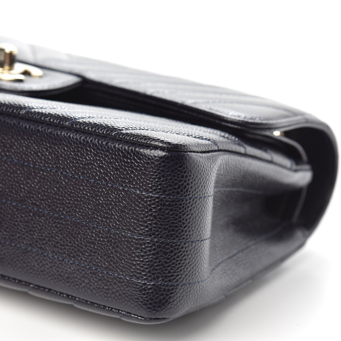Caviar Chevron Quilted Small Double Flap Navy Blue