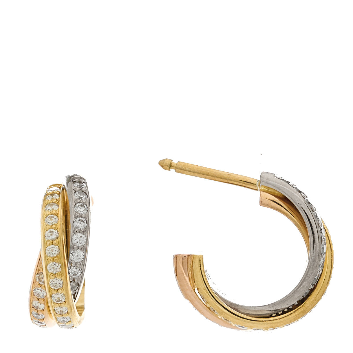 18K Yellow Pink White Gold Diamond Trinity Hoop Earrings