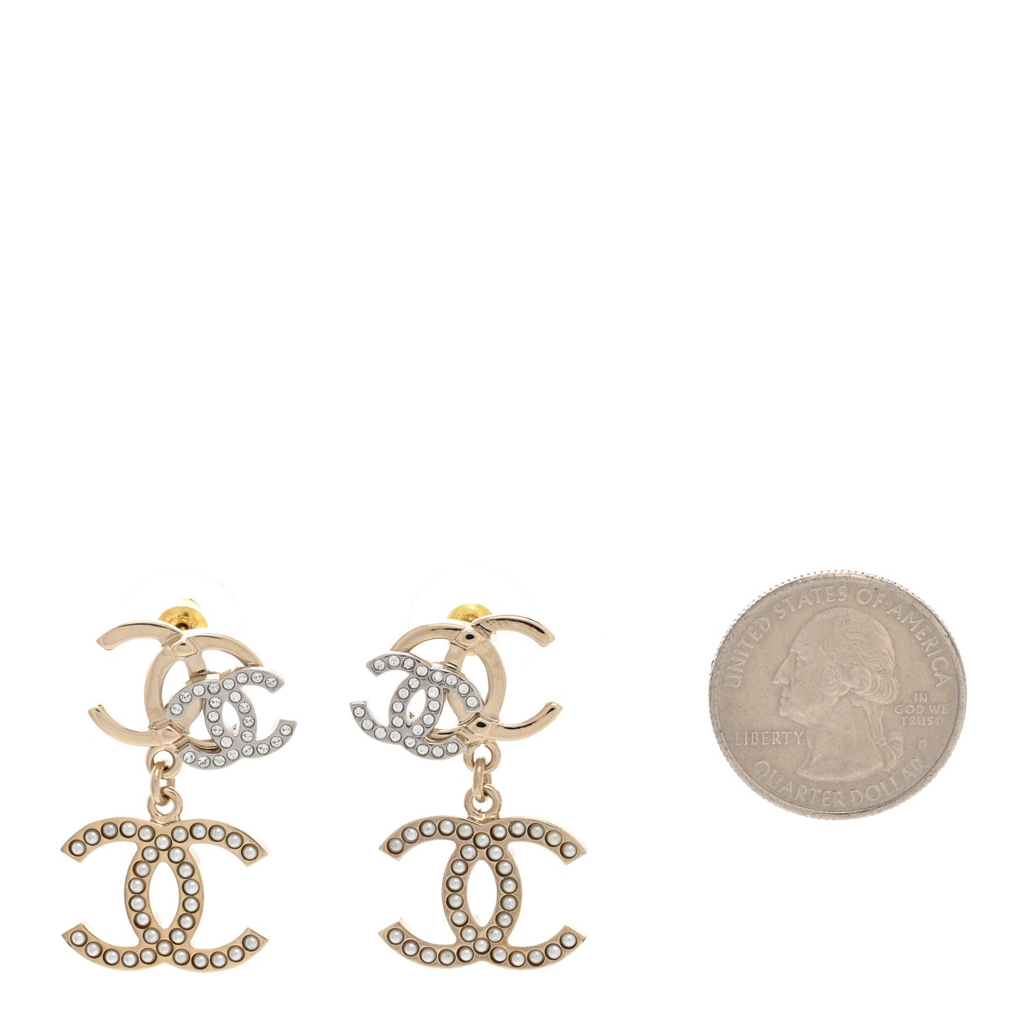 Crystal Pearl Double CC Drop Earrings Gold Silver