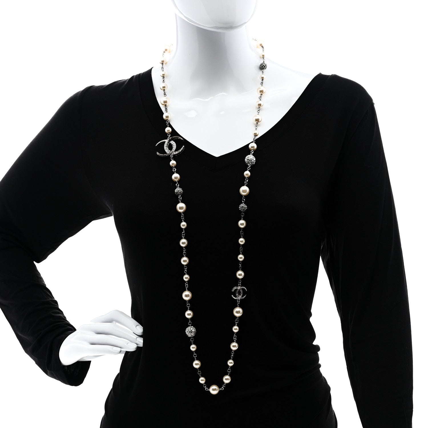 Chanel Pearl Crystal CC Beaded Ball Long Necklace Silver White 2 of 7