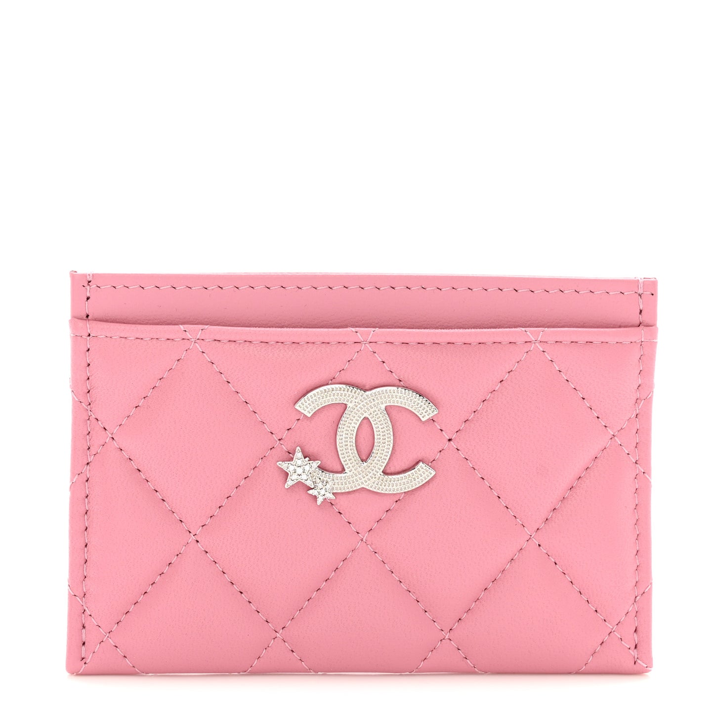 Lambskin Quilted Crystal Star Card Holder Pink