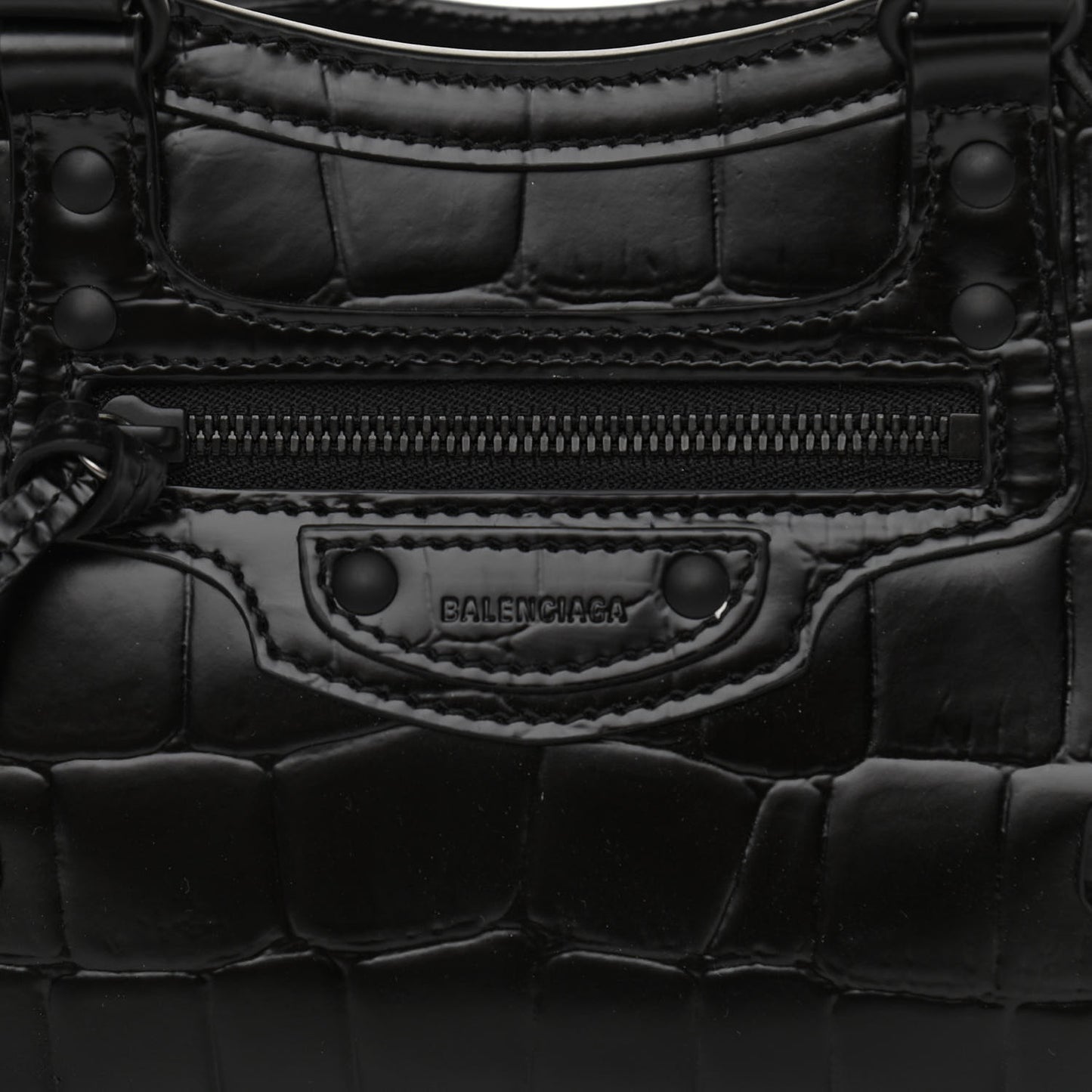 Semi Shiny Calfskin Crocodile Embossed Neo Classic Black Hardware Mini City Black