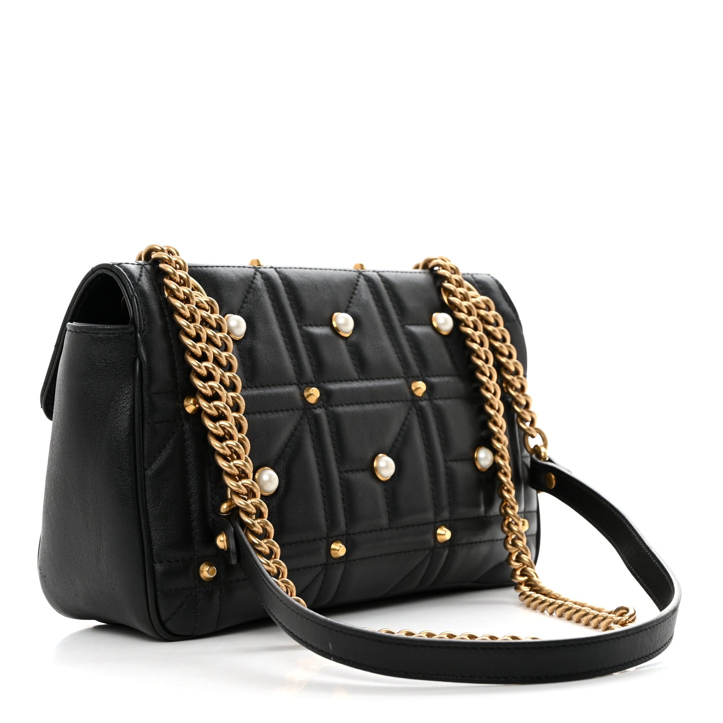Calfskin Matelasse Studded Small Pearly GG Marmont Shoulder Bag Black