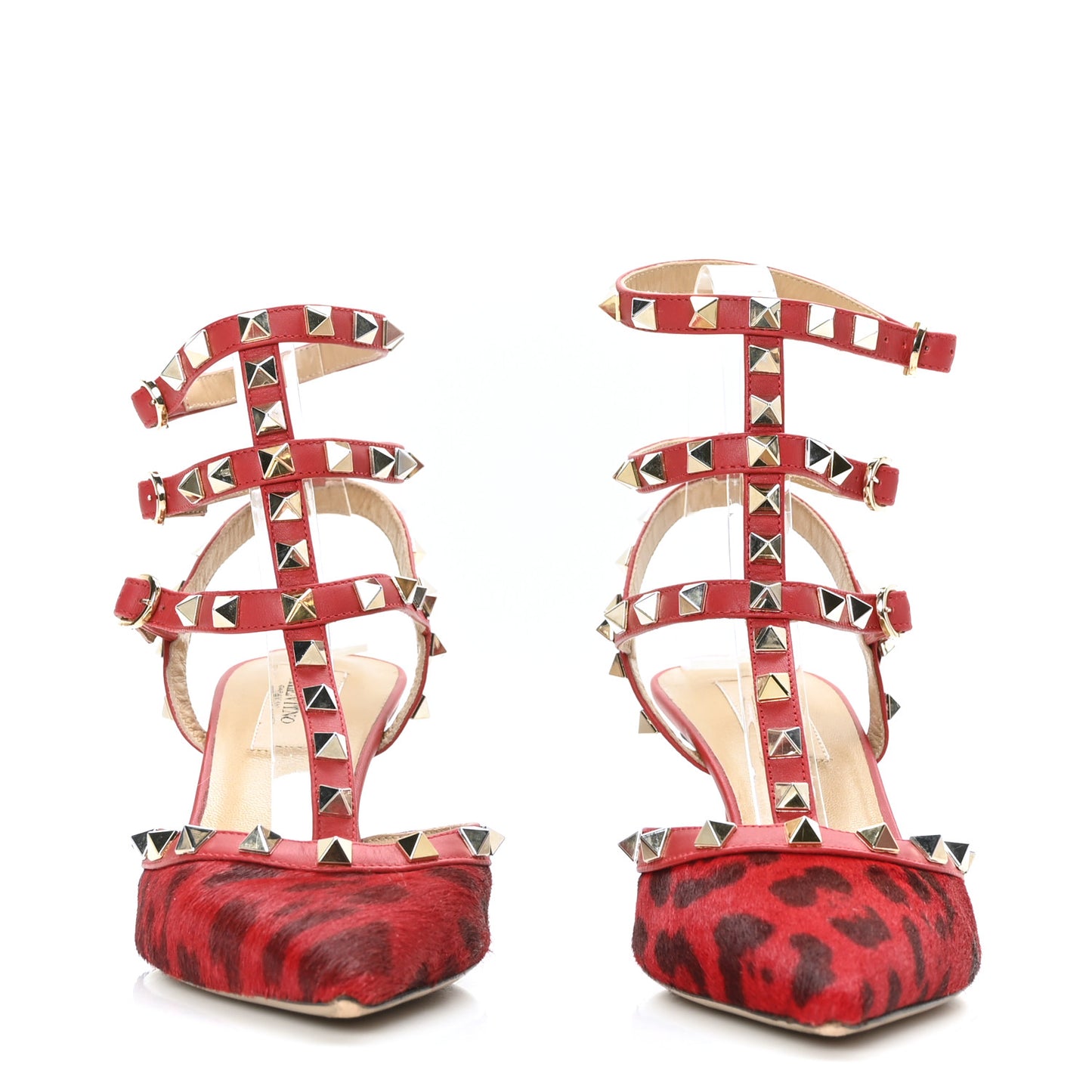 Calf Hair Leopard Print Rockstud Ankle Strap 65mm Pumps 37 Rosso Valentino