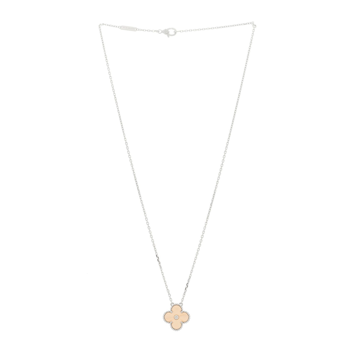 18K White Rose Gold Diamond Guilloche Vintage Alhambra Pendant Necklace