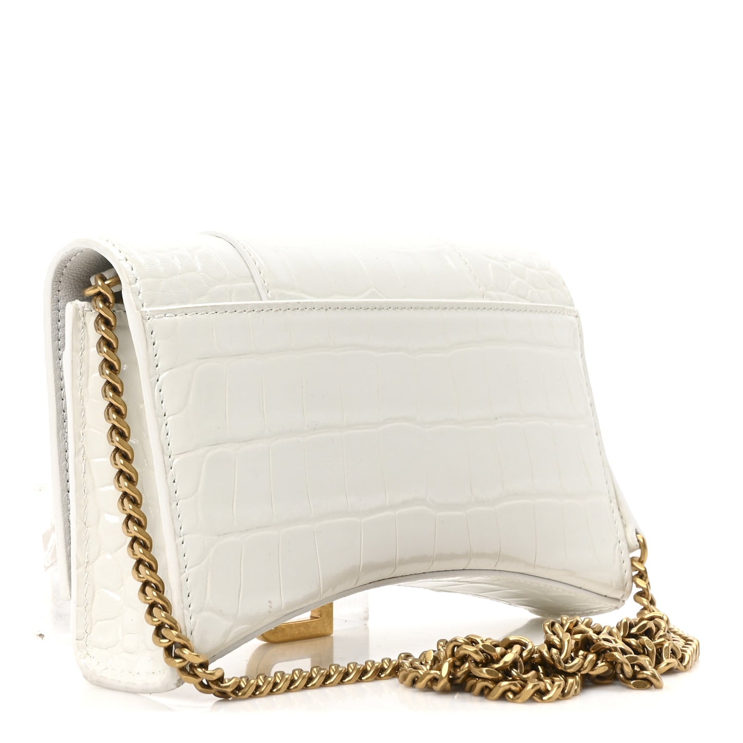 Shiny Calfskin Crocodile Embossed Hourglass Chain Bag White