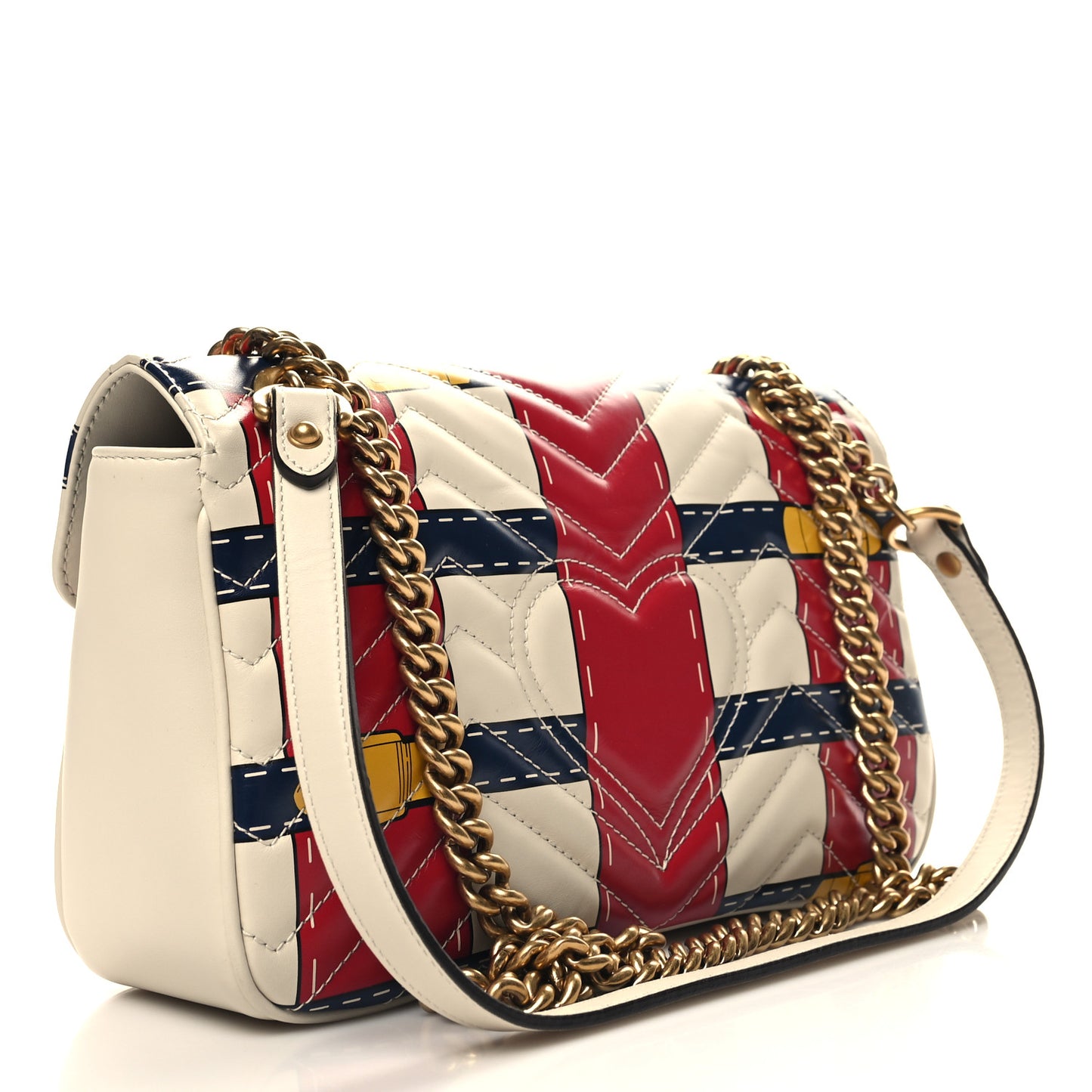 Calfskin Matelasse Trompe L'Oeil Print Small GG Marmont Shoulder Bag Mystic White Hibiscus Red Marine Giallo