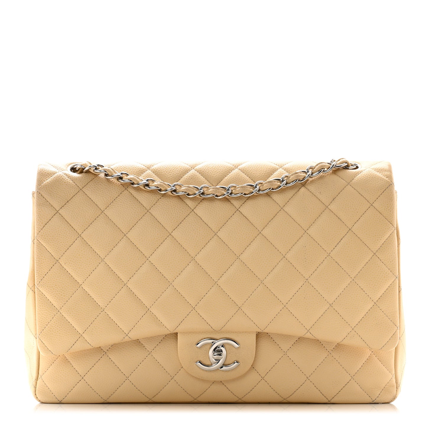 Caviar Quilted Maxi Double Flap Light Beige