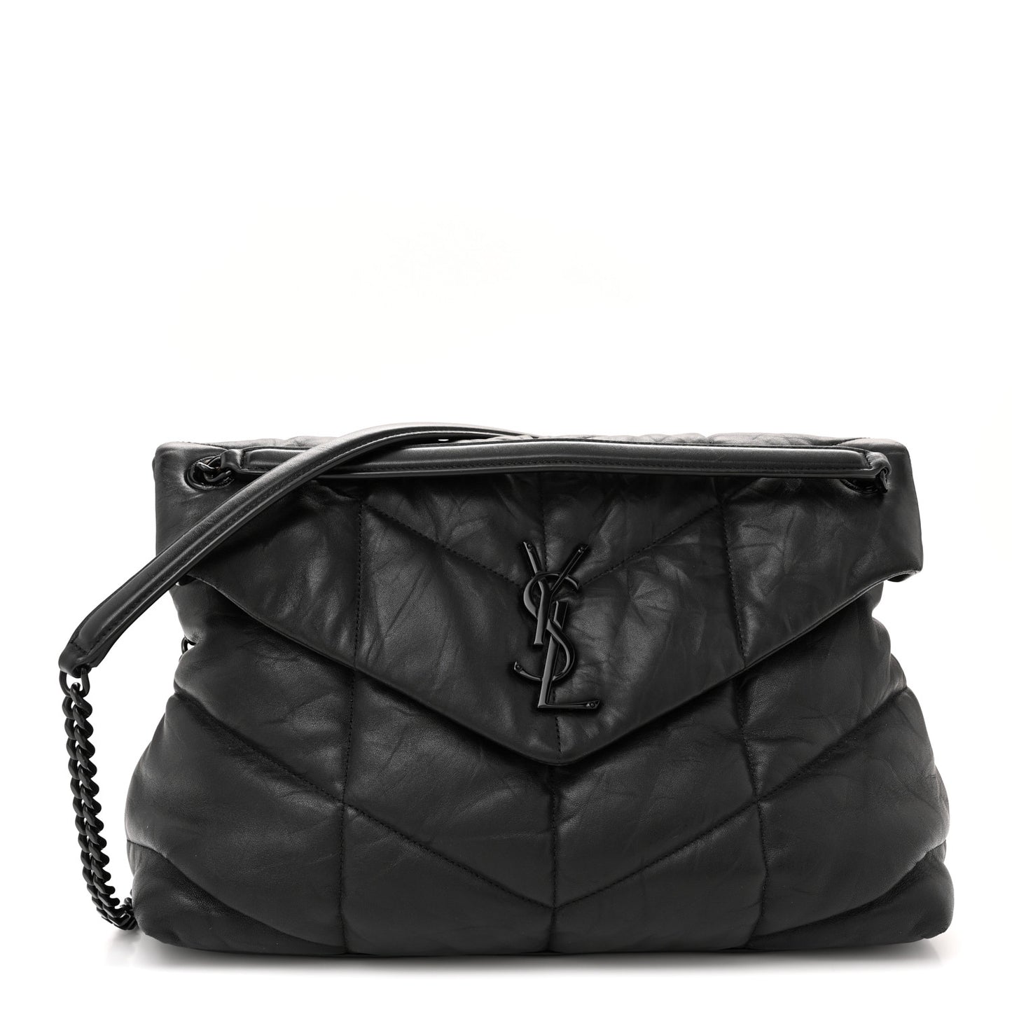 Lambskin Quilted Monogram Monochrome Medium Loulou Puffer Chain Satchel Black