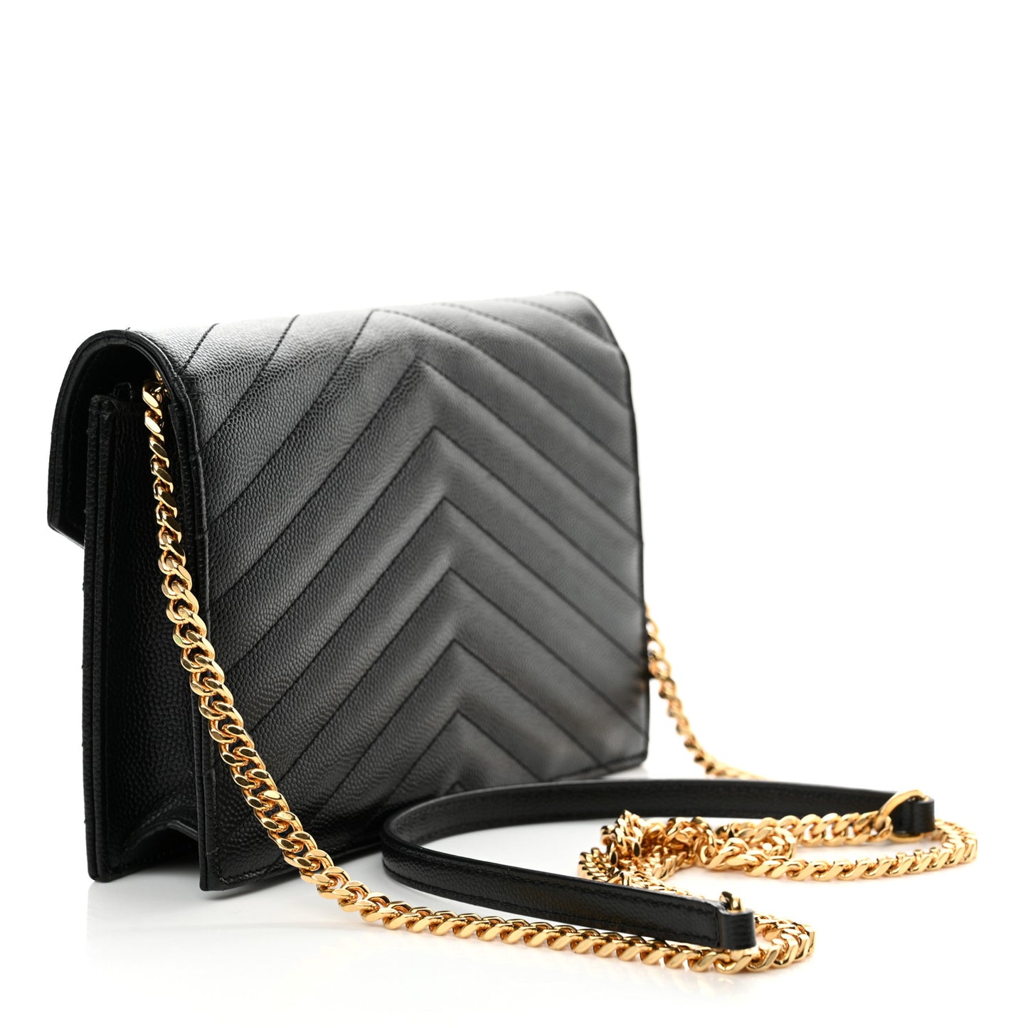 Grain De Poudre Matelasse Chevron Monogram Envelope Chain Wallet Black