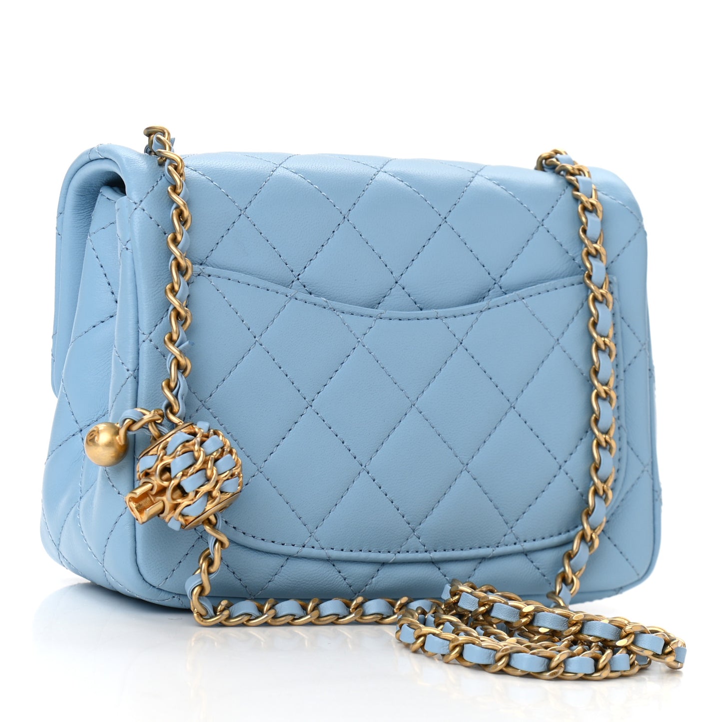 Lambskin Quilted Mini Pearl Crush Flap Light Blue